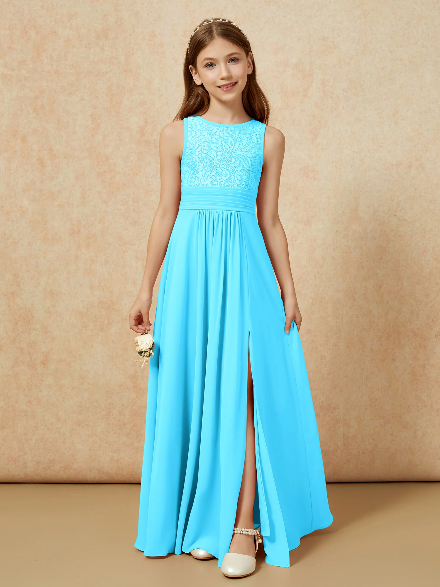 Lace Top A-line Long Junior Bridesmaid Dress Pool