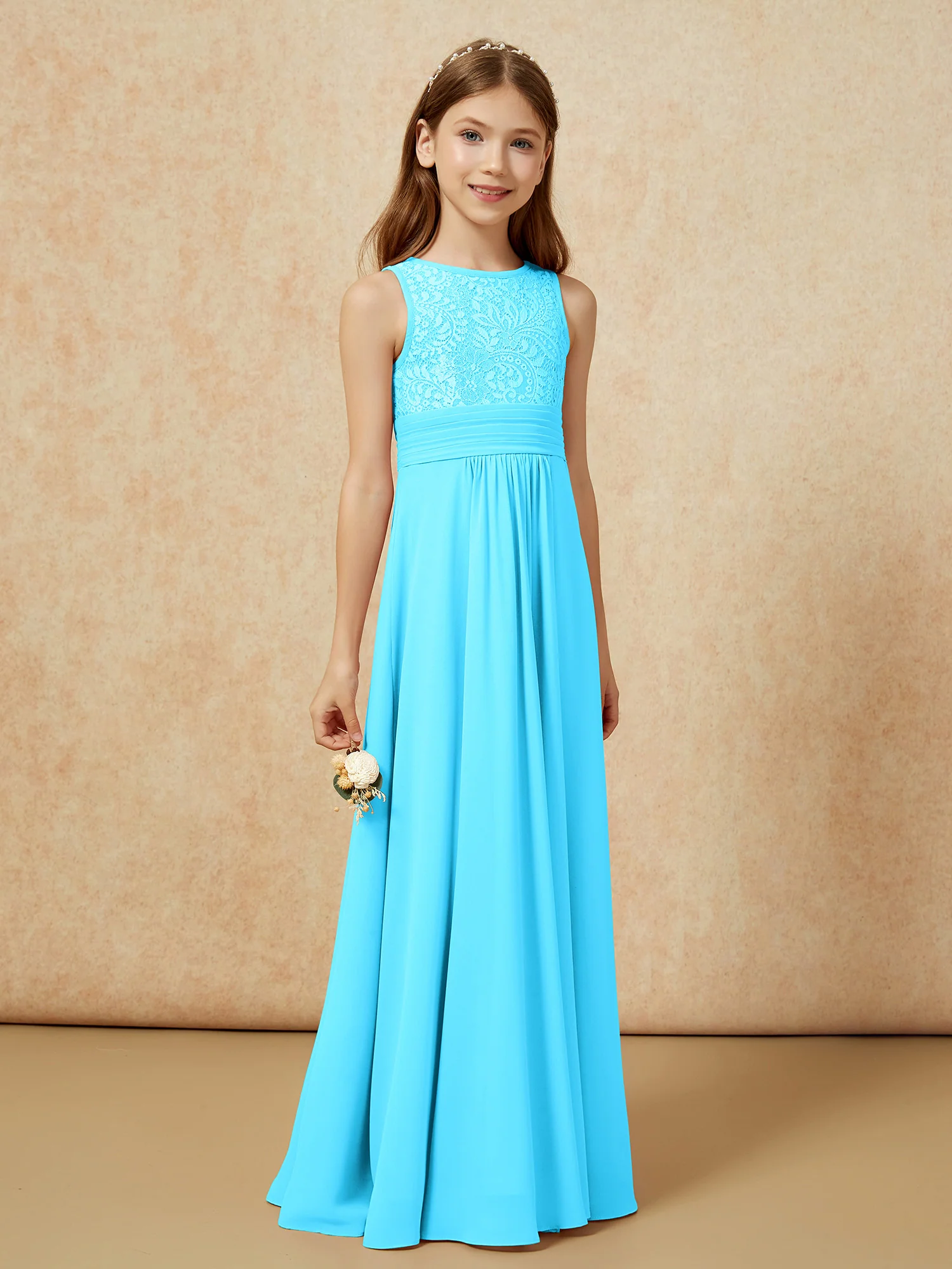 Lace Top A-line Long Junior Bridesmaid Dress Pool - Image 3
