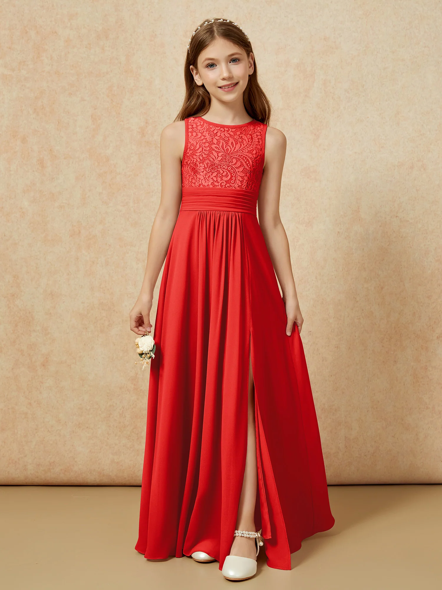 Lace Top A-line Long Junior Bridesmaid Dress Red
