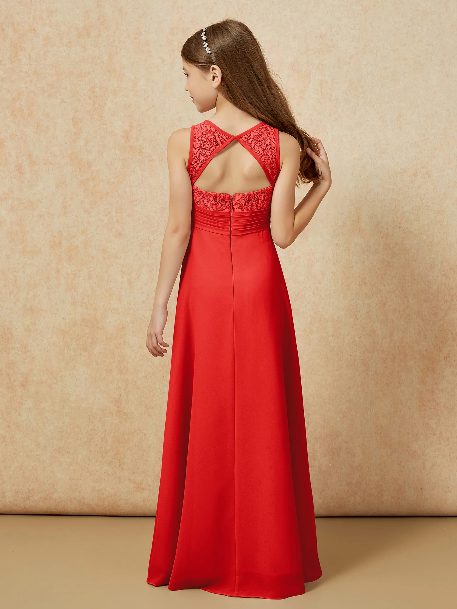 Lace Top A-line Long Junior Bridesmaid Dress Red - Image 2