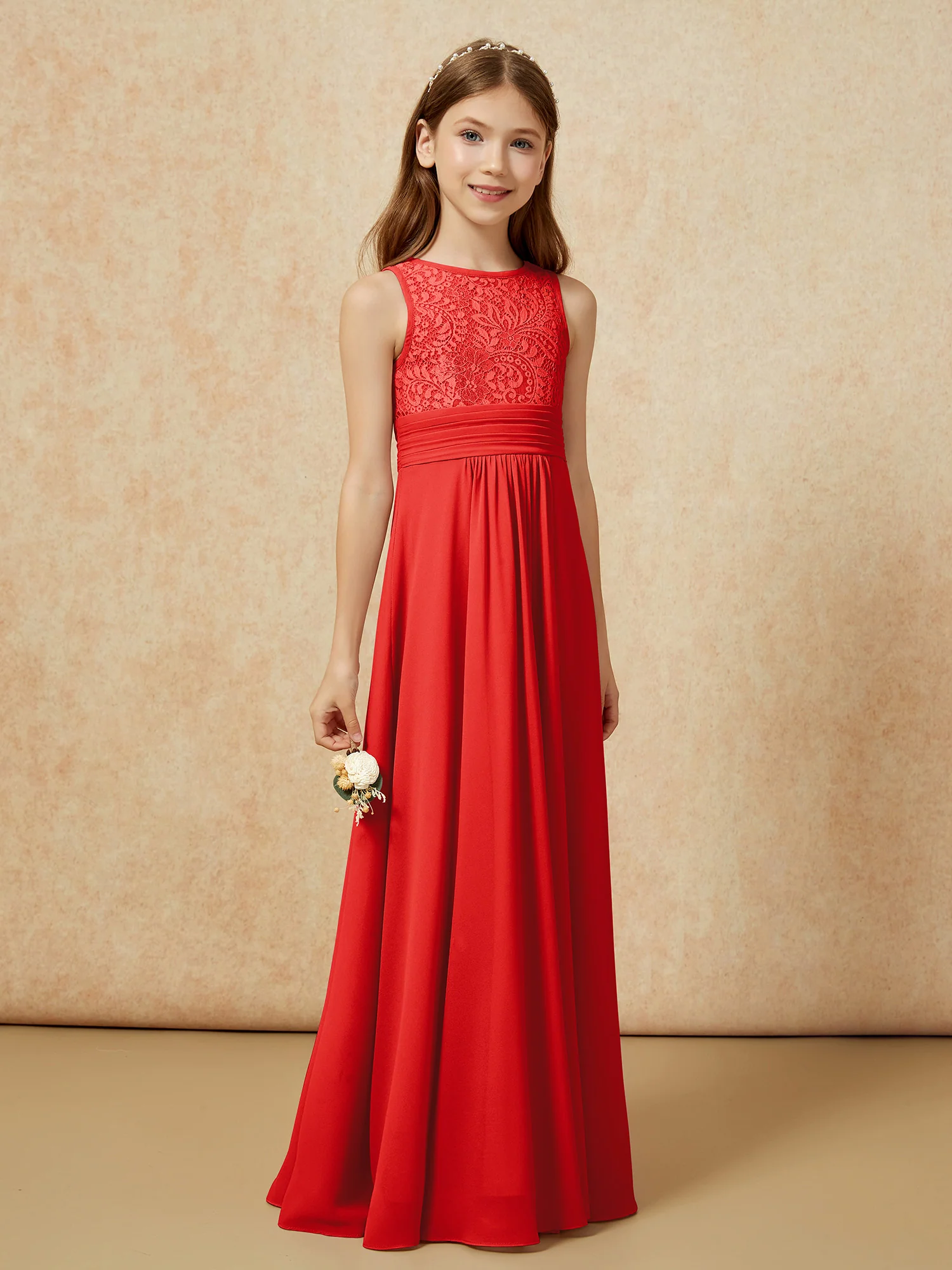 Lace Top A-line Long Junior Bridesmaid Dress Red - Image 3
