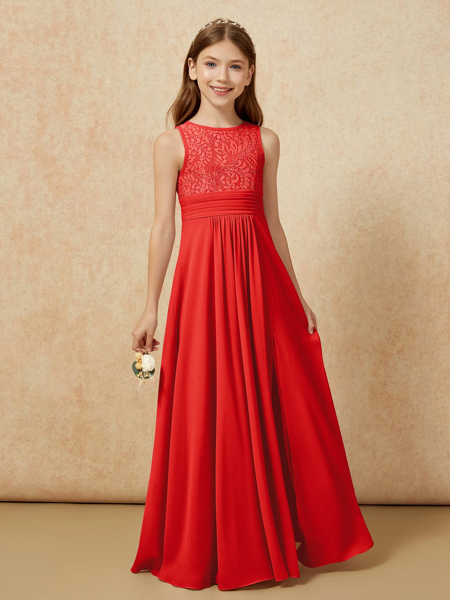 Lace Top A-line Long Junior Bridesmaid Dress Red - Image 5