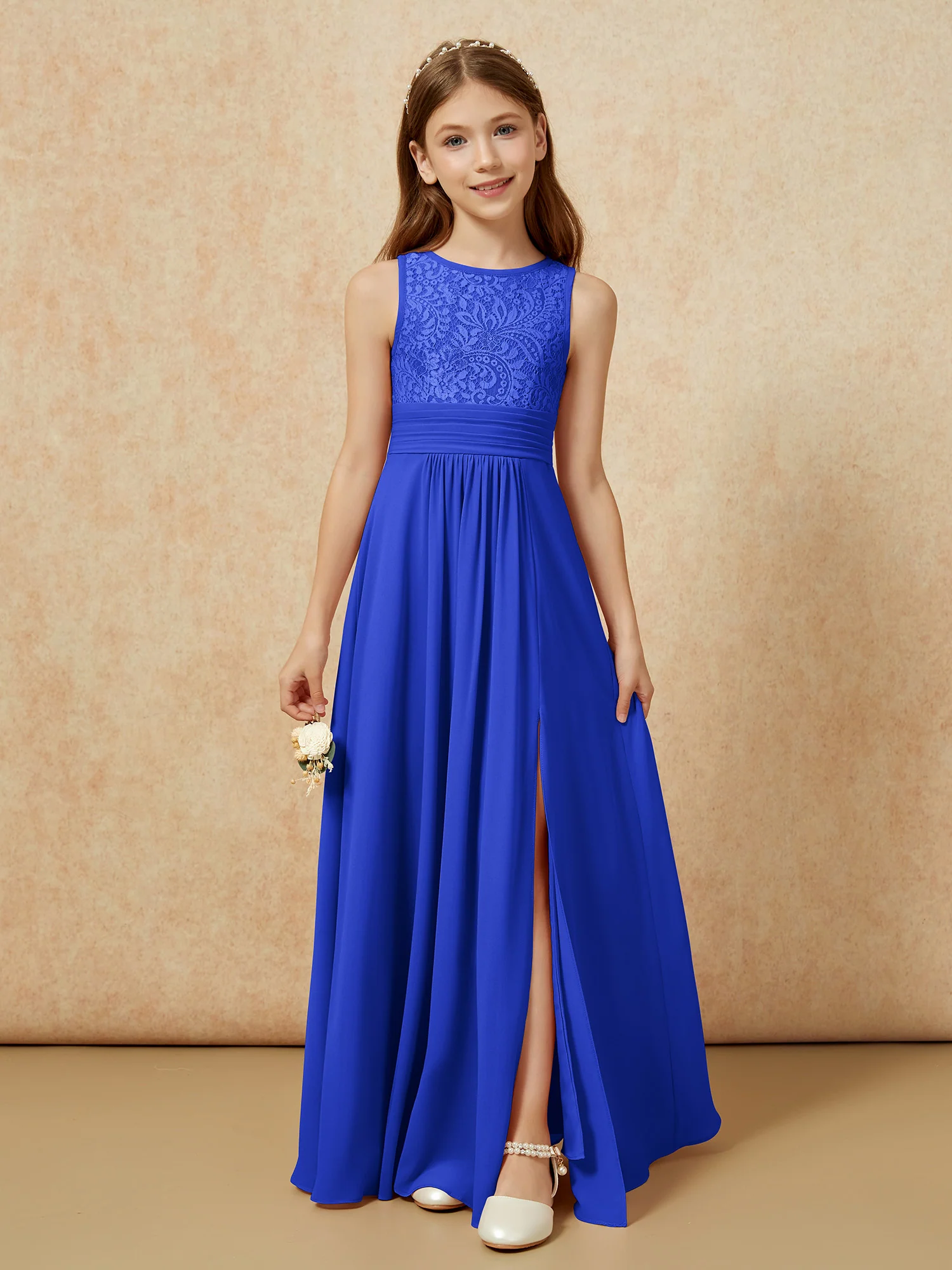 Lace Top A-line Long Junior Bridesmaid Dress Royal Blue