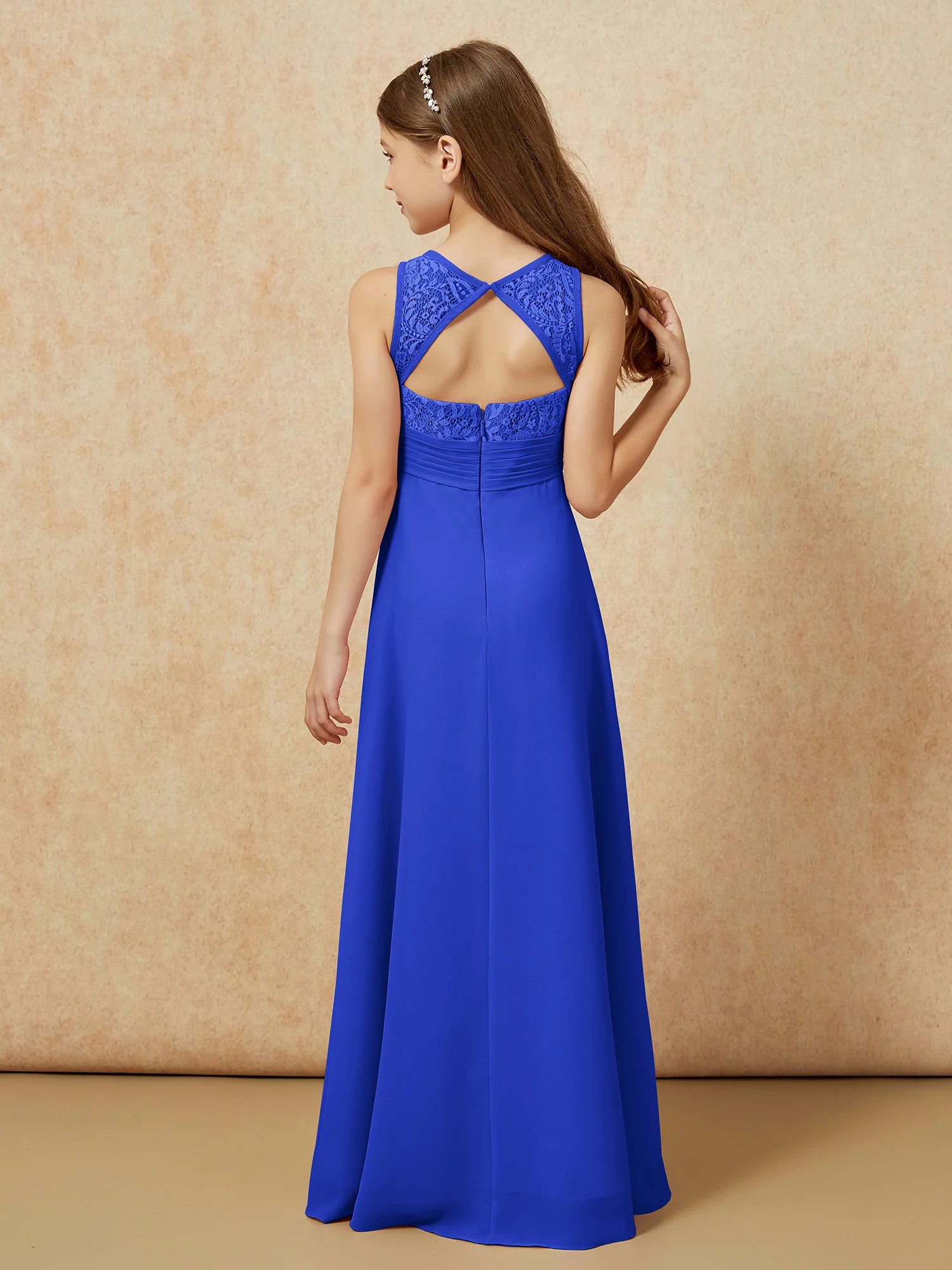Lace Top A-line Long Junior Bridesmaid Dress Royal Blue - Image 2