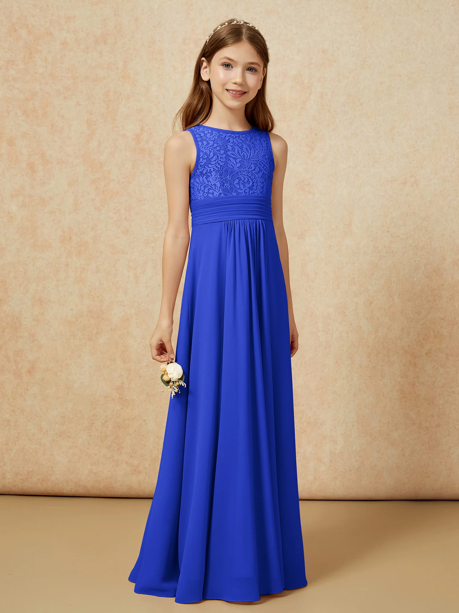Lace Top A-line Long Junior Bridesmaid Dress Royal Blue - Image 3