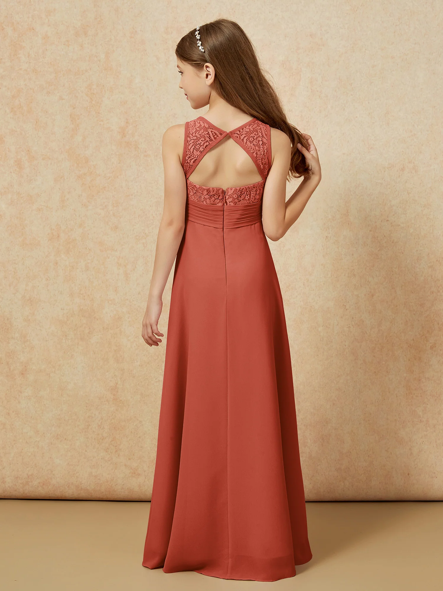 Lace Top A-line Long Junior Bridesmaid Dress Rust - Image 2