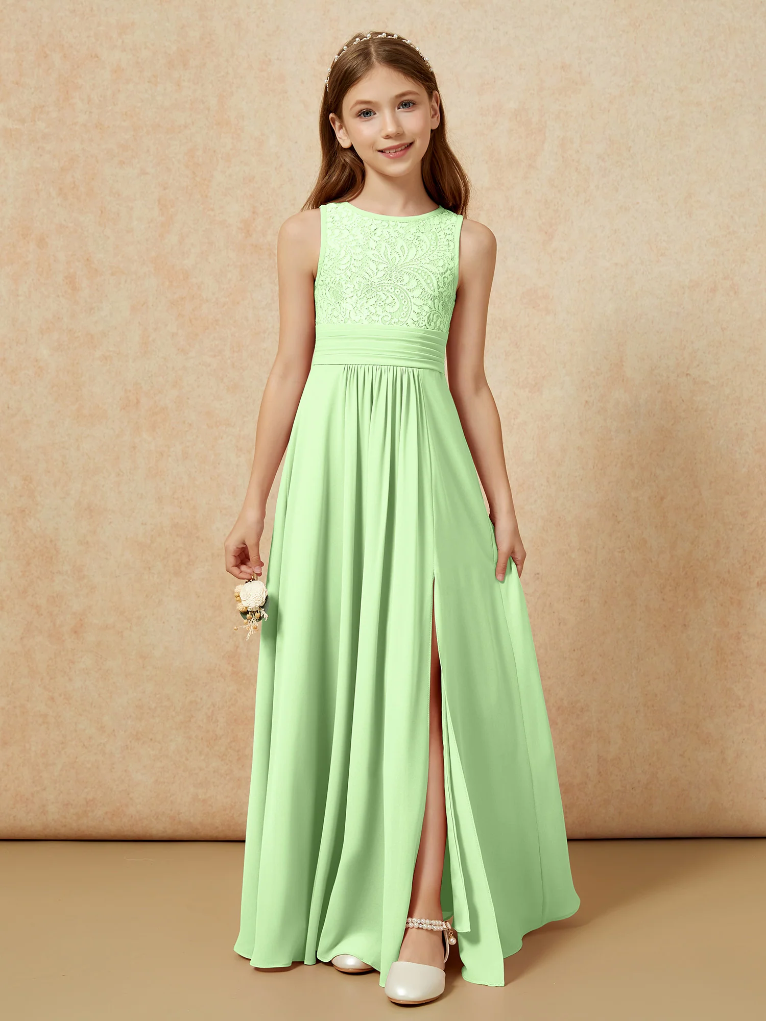 Lace Top A-line Long Junior Bridesmaid Dress Sage