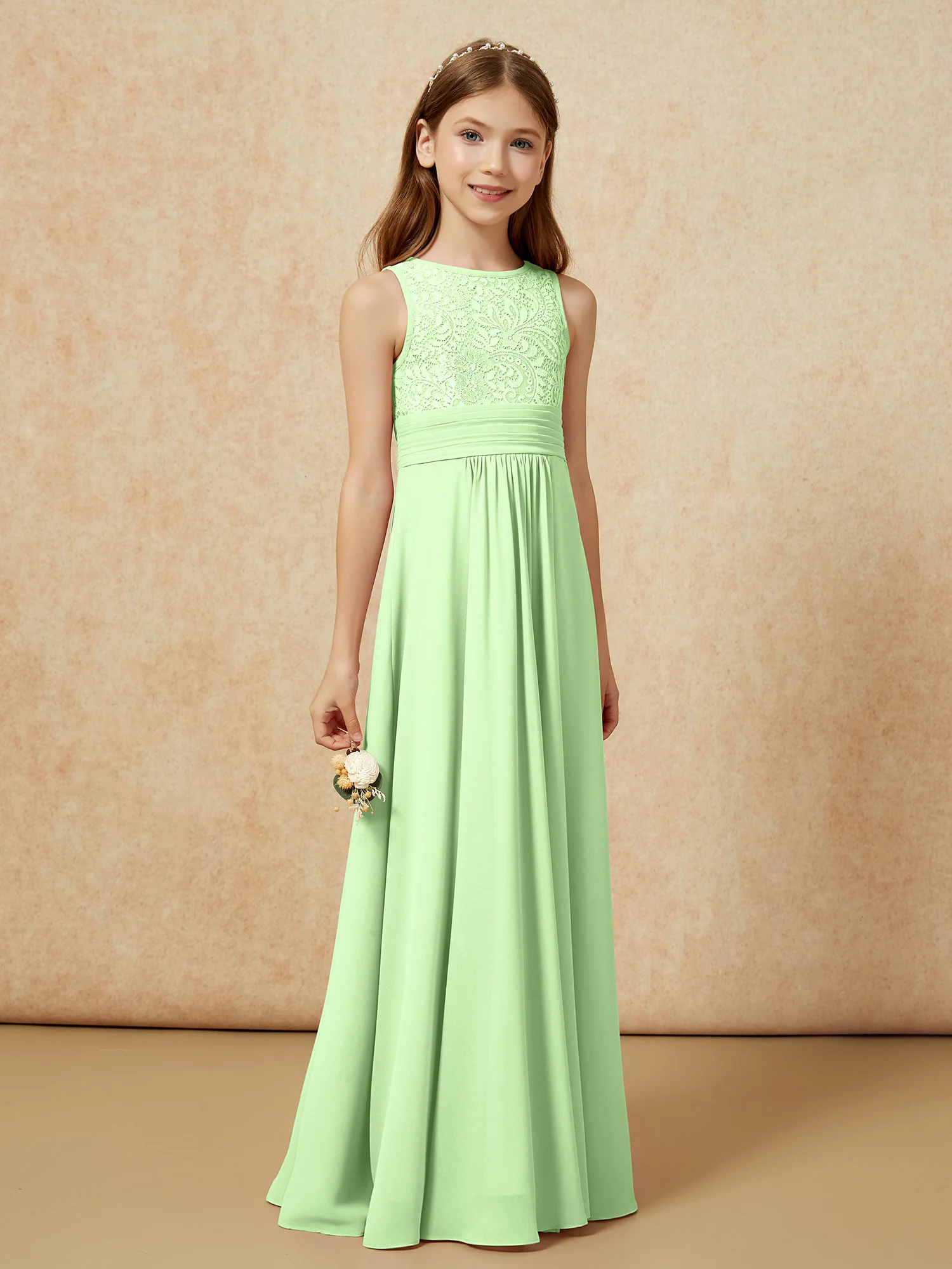 Lace Top A-line Long Junior Bridesmaid Dress Sage - Image 3