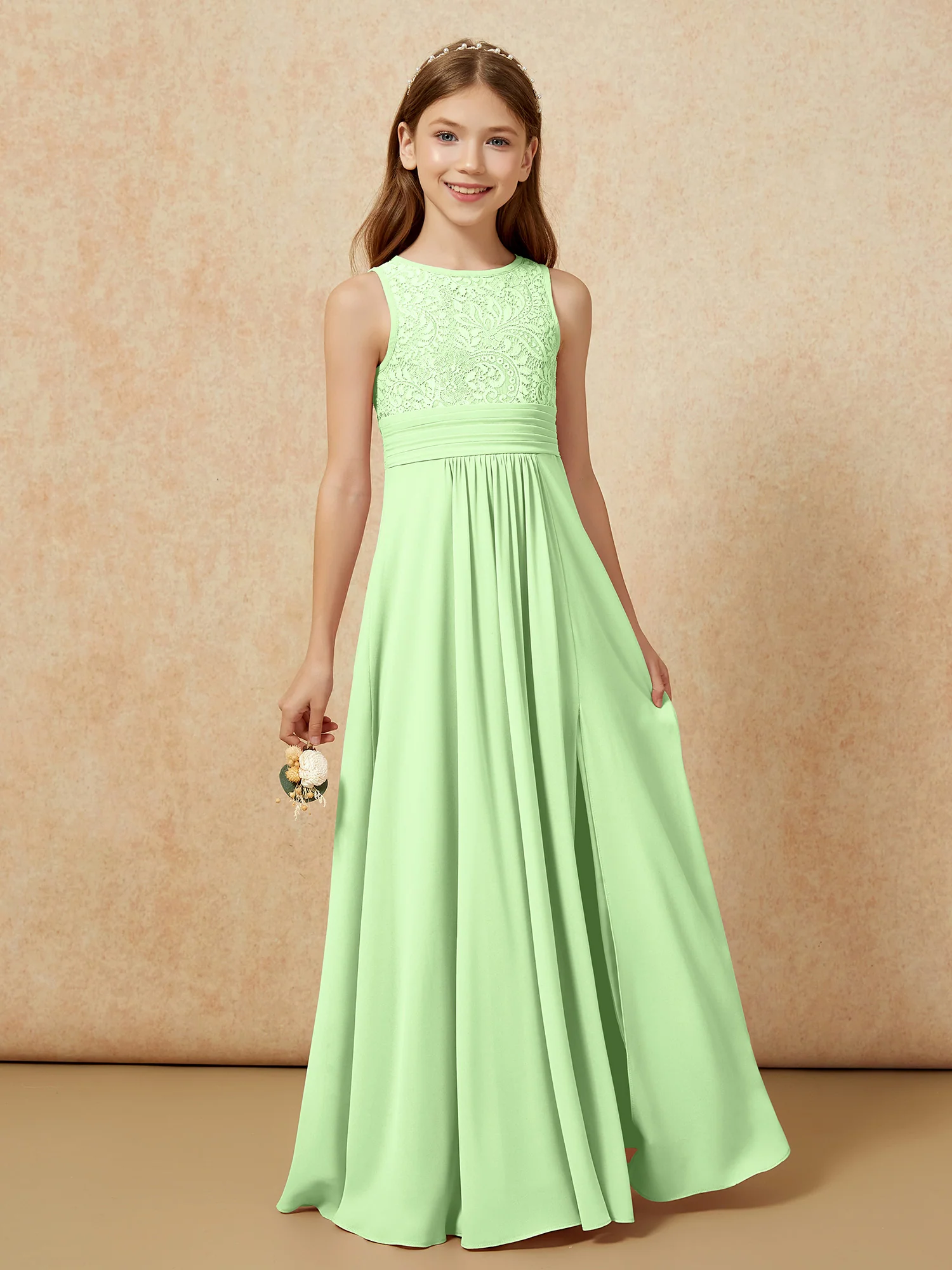 Lace Top A-line Long Junior Bridesmaid Dress Sage - Image 5