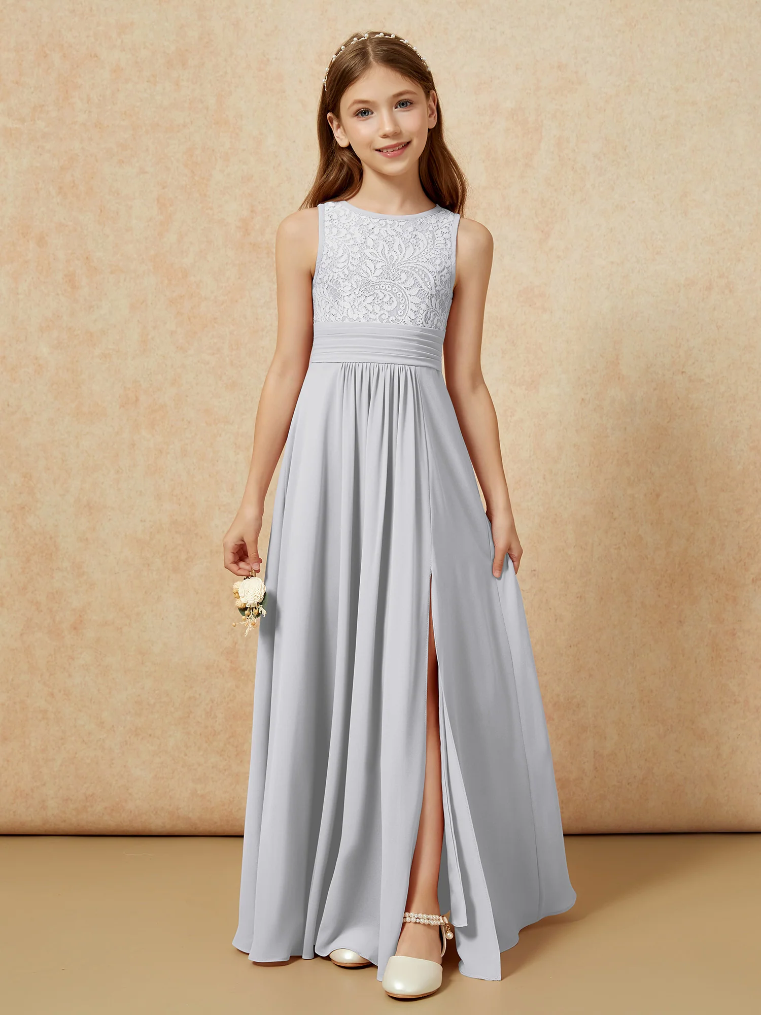 Lace Top A-line Long Junior Bridesmaid Dress Silver