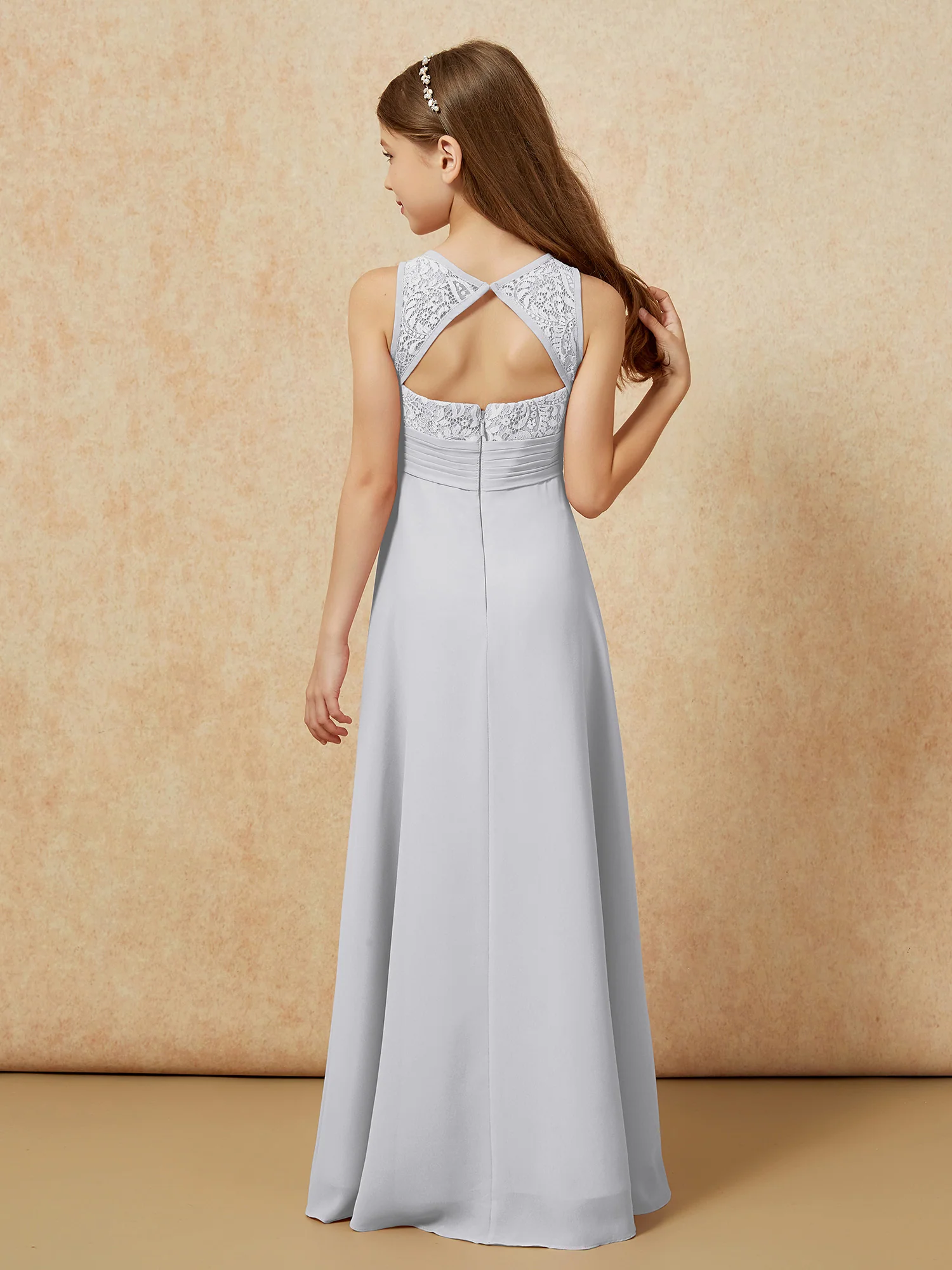 Lace Top A-line Long Junior Bridesmaid Dress Silver - Image 2