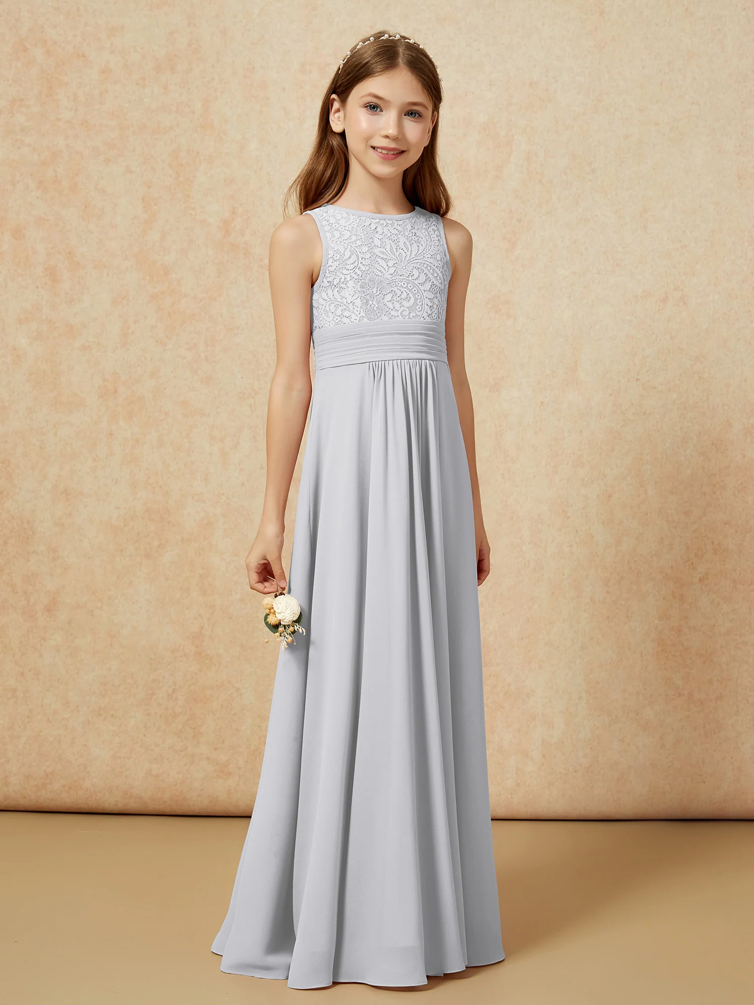 Lace Top A-line Long Junior Bridesmaid Dress Silver - Image 3