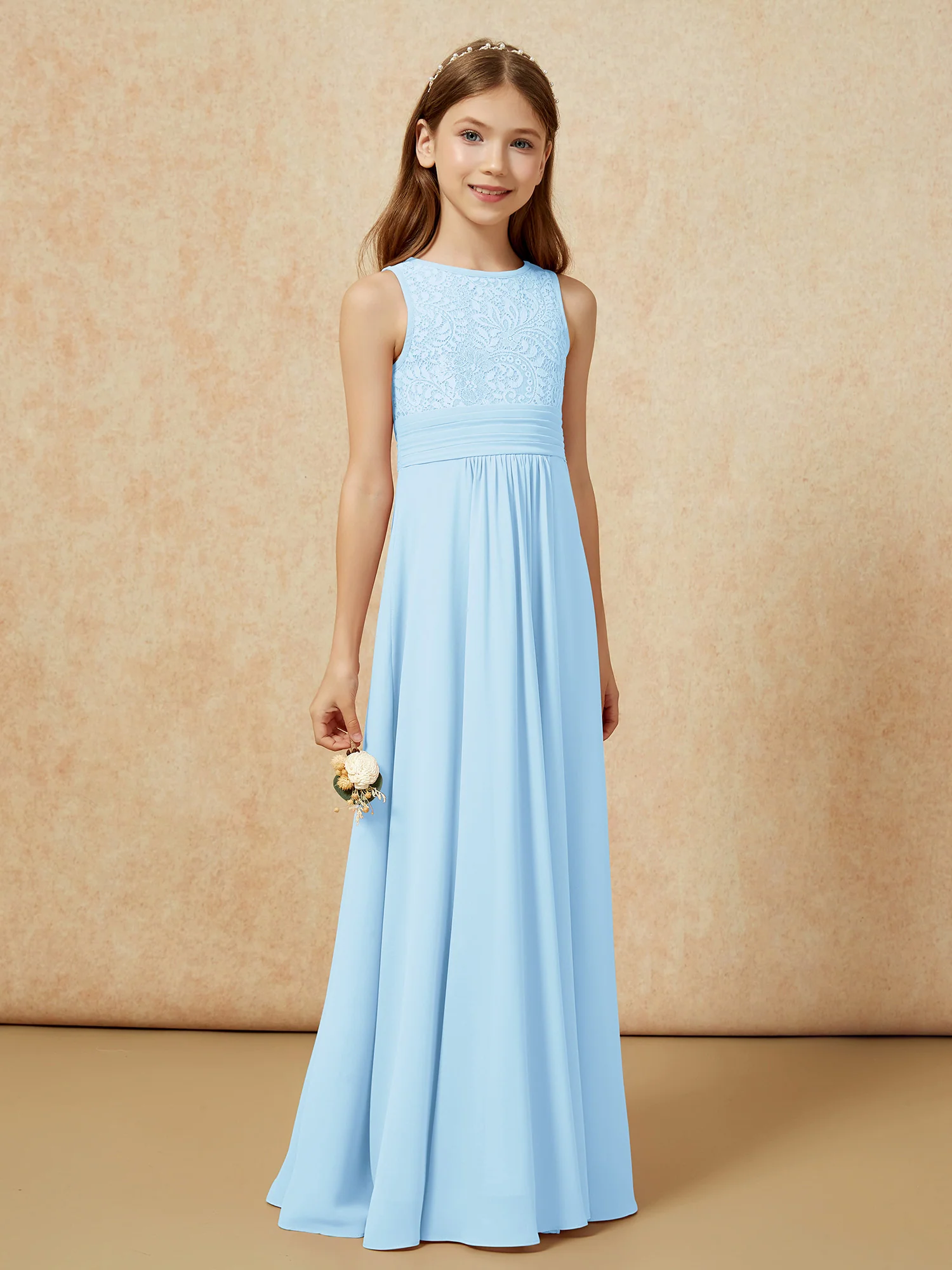 Lace Top A-line Long Junior Bridesmaid Dress Sky Blue - Image 3