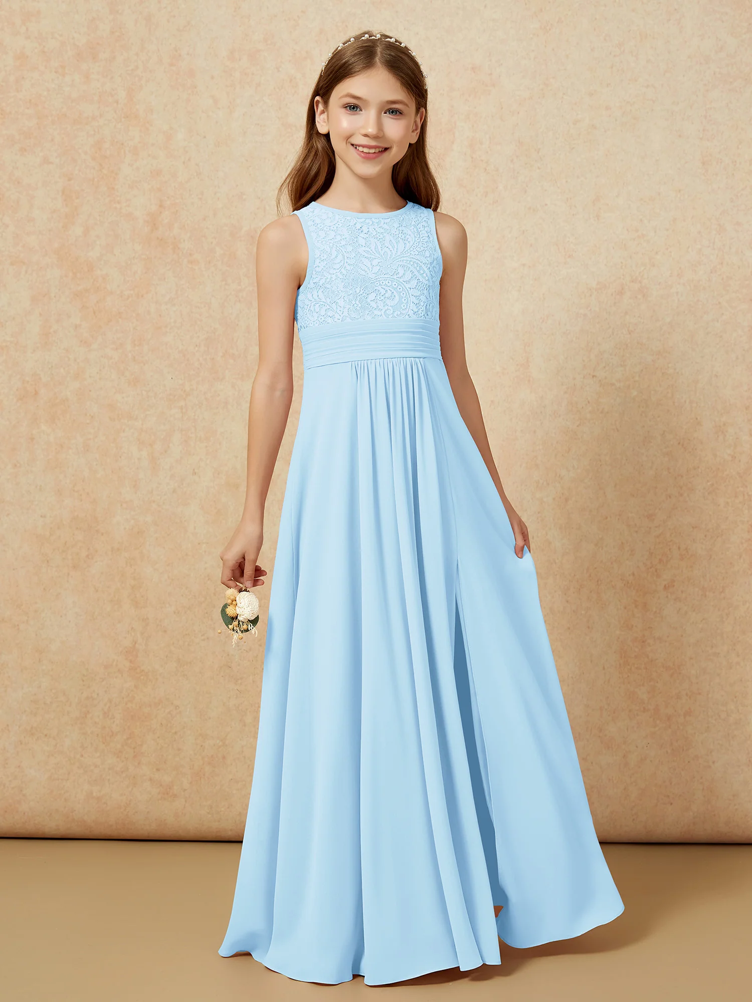 Lace Top A-line Long Junior Bridesmaid Dress Sky Blue - Image 5