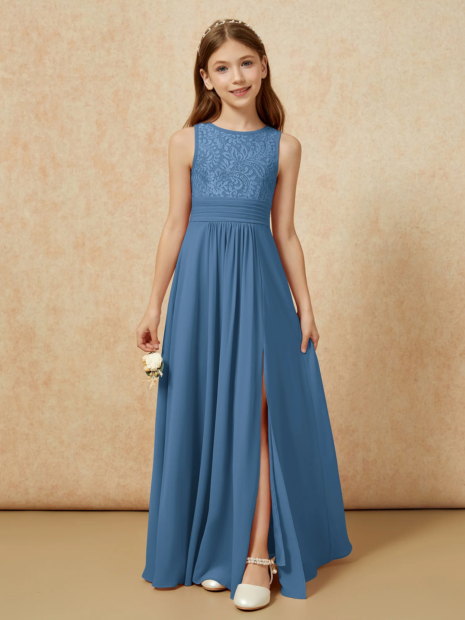 Lace Top A-line Long Junior Bridesmaid Dress Slate Blue