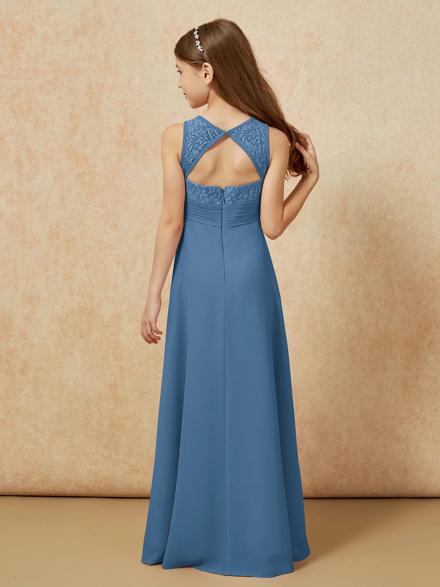 Lace Top A-line Long Junior Bridesmaid Dress Slate Blue - Image 2