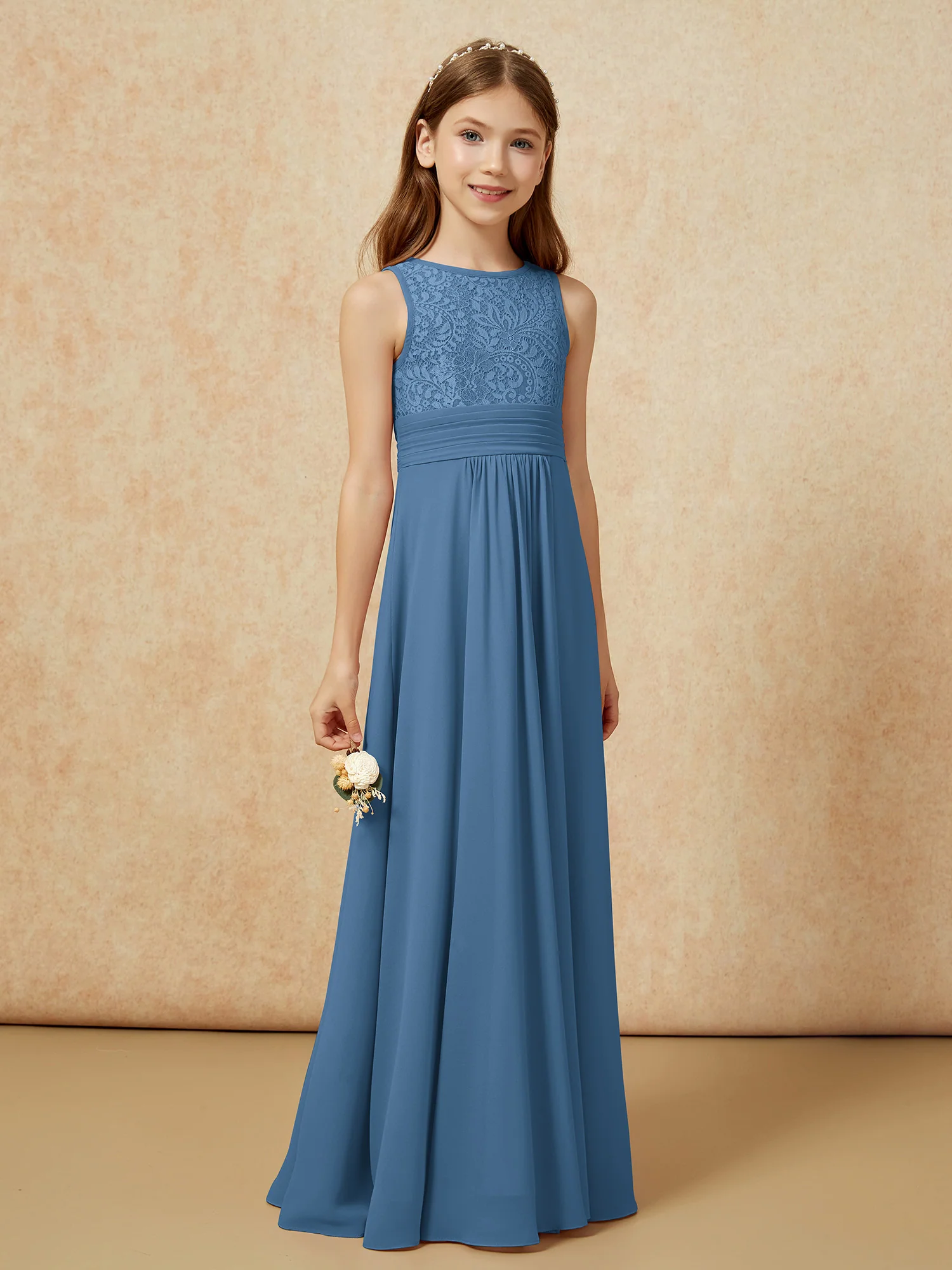 Lace Top A-line Long Junior Bridesmaid Dress Slate Blue - Image 3