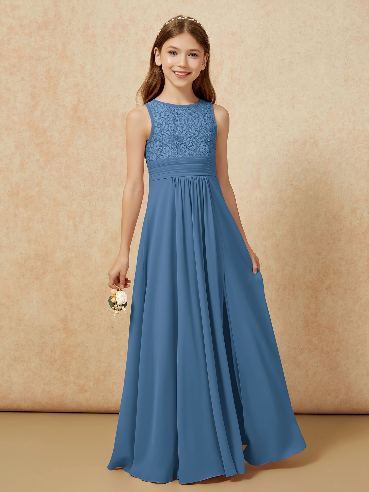 Lace Top A-line Long Junior Bridesmaid Dress Slate Blue - Image 5