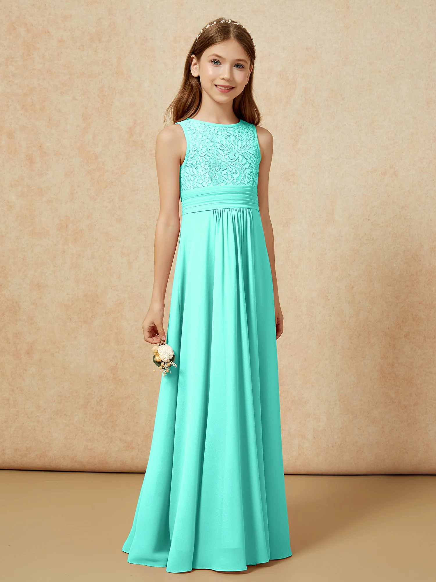 Lace Top A-line Long Junior Bridesmaid Dress Spa - Image 3