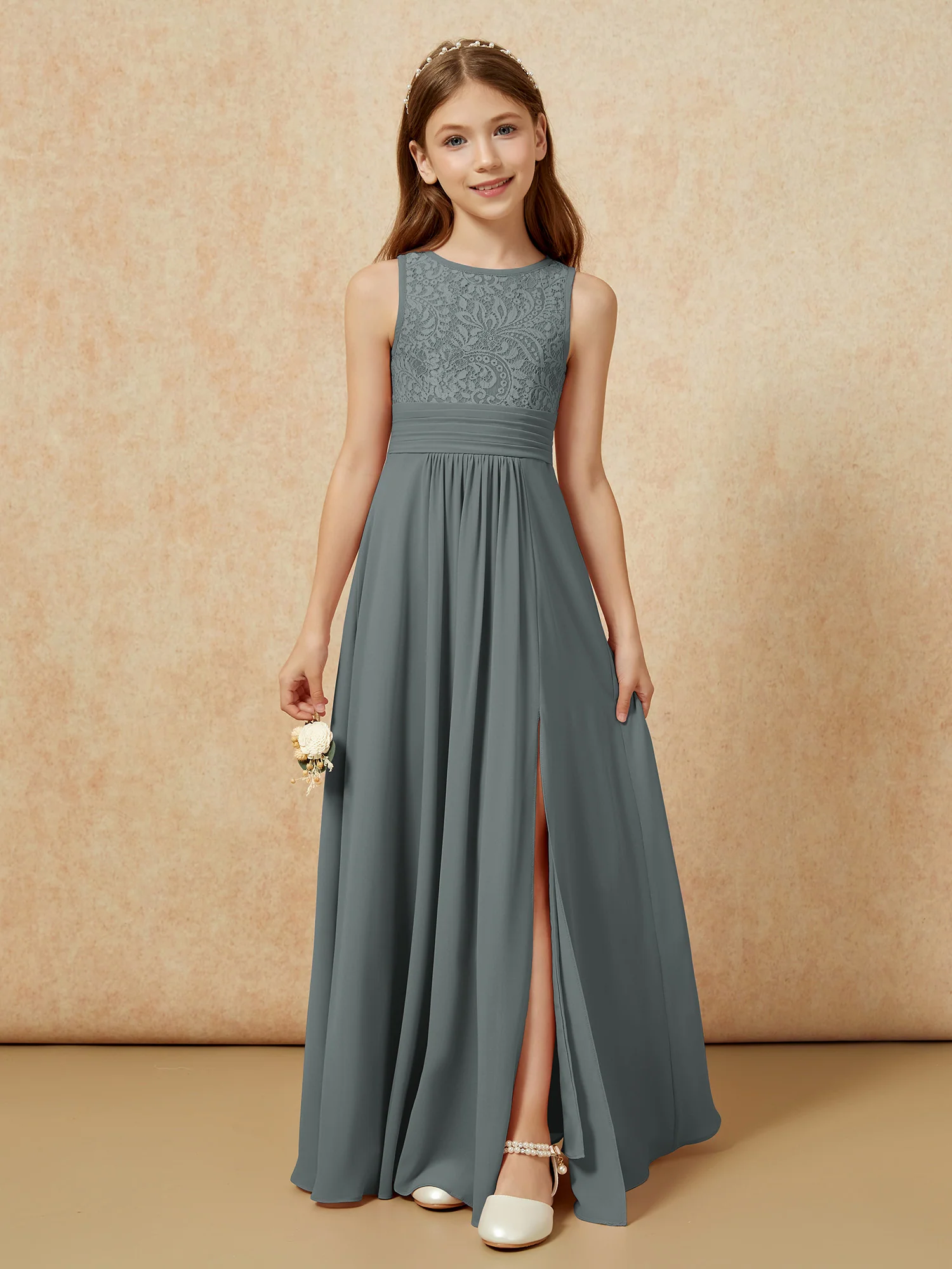 Lace Top A-line Long Junior Bridesmaid Dress Steel Grey