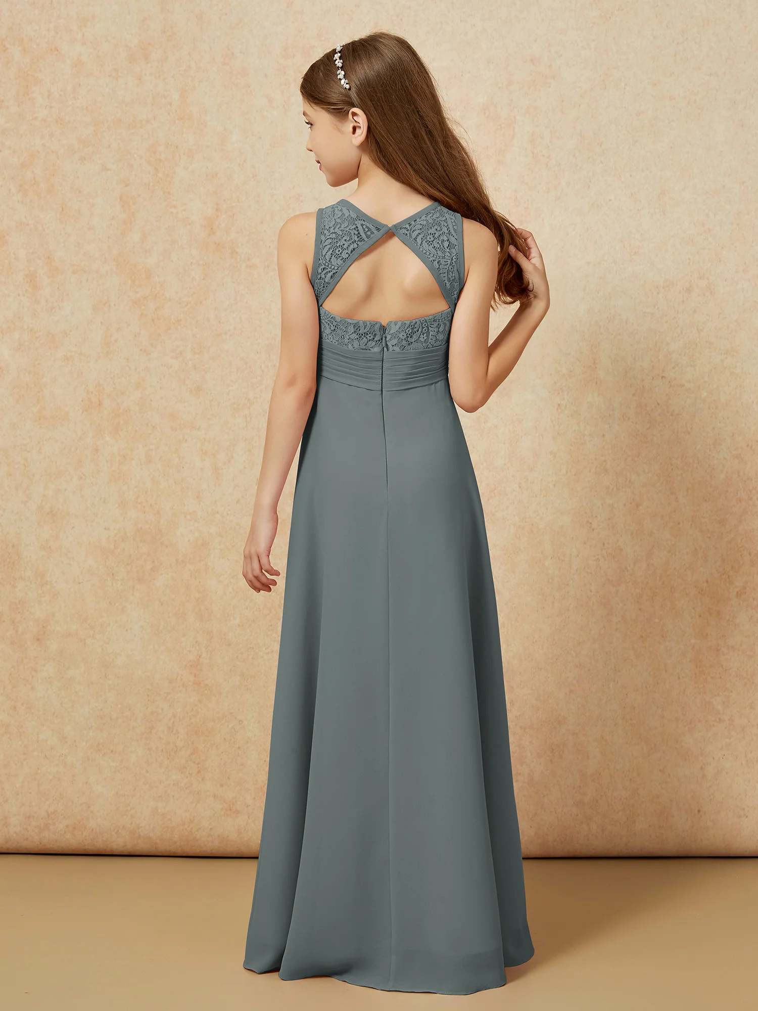 Lace Top A-line Long Junior Bridesmaid Dress Steel Grey - Image 2