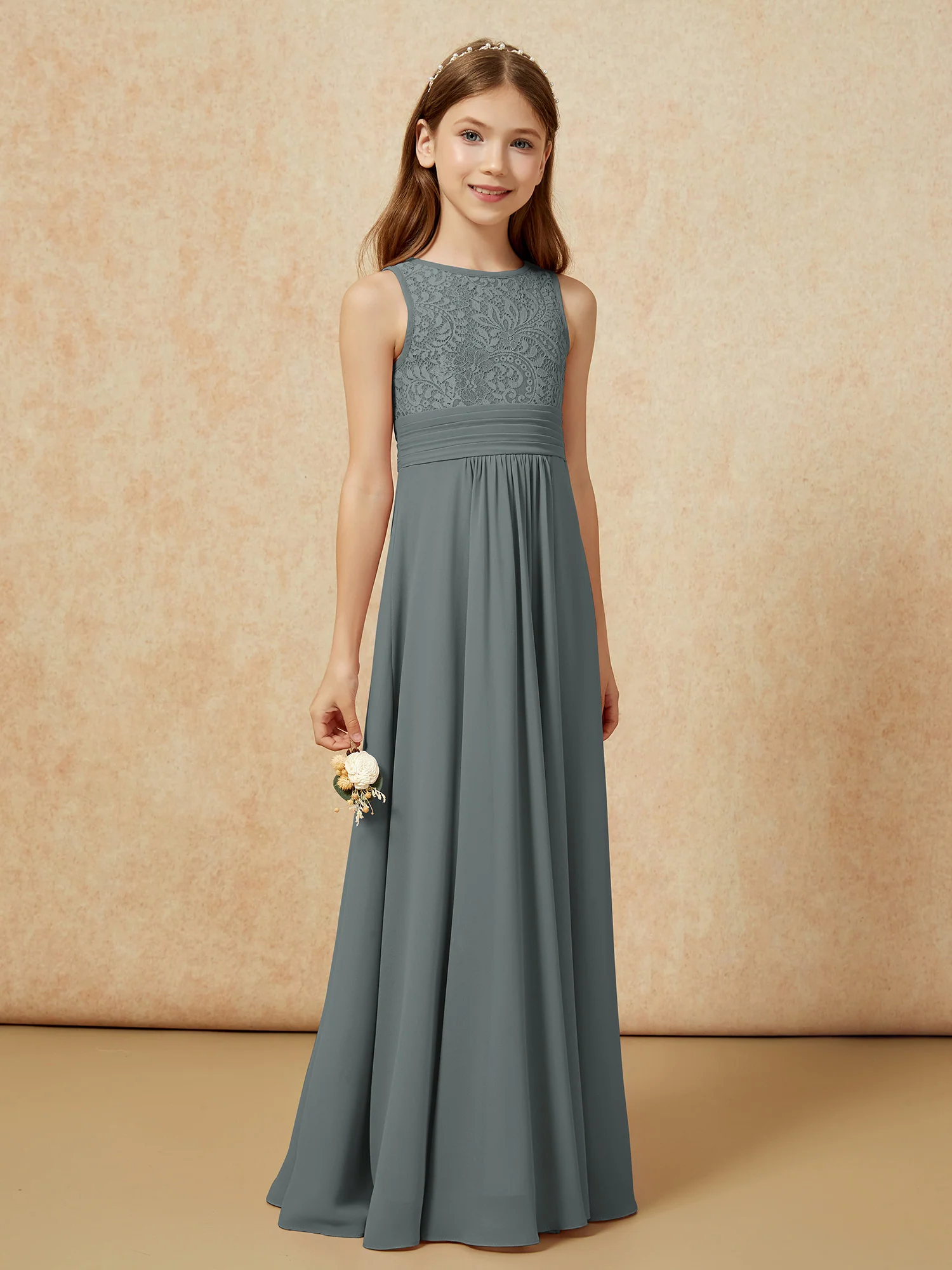 Lace Top A-line Long Junior Bridesmaid Dress Steel Grey - Image 3