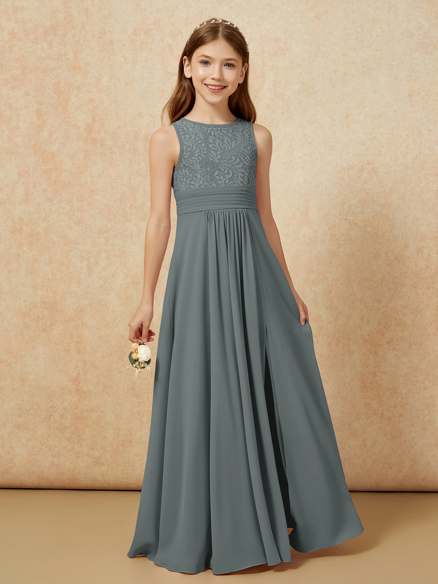 Lace Top A-line Long Junior Bridesmaid Dress Steel Grey - Image 5