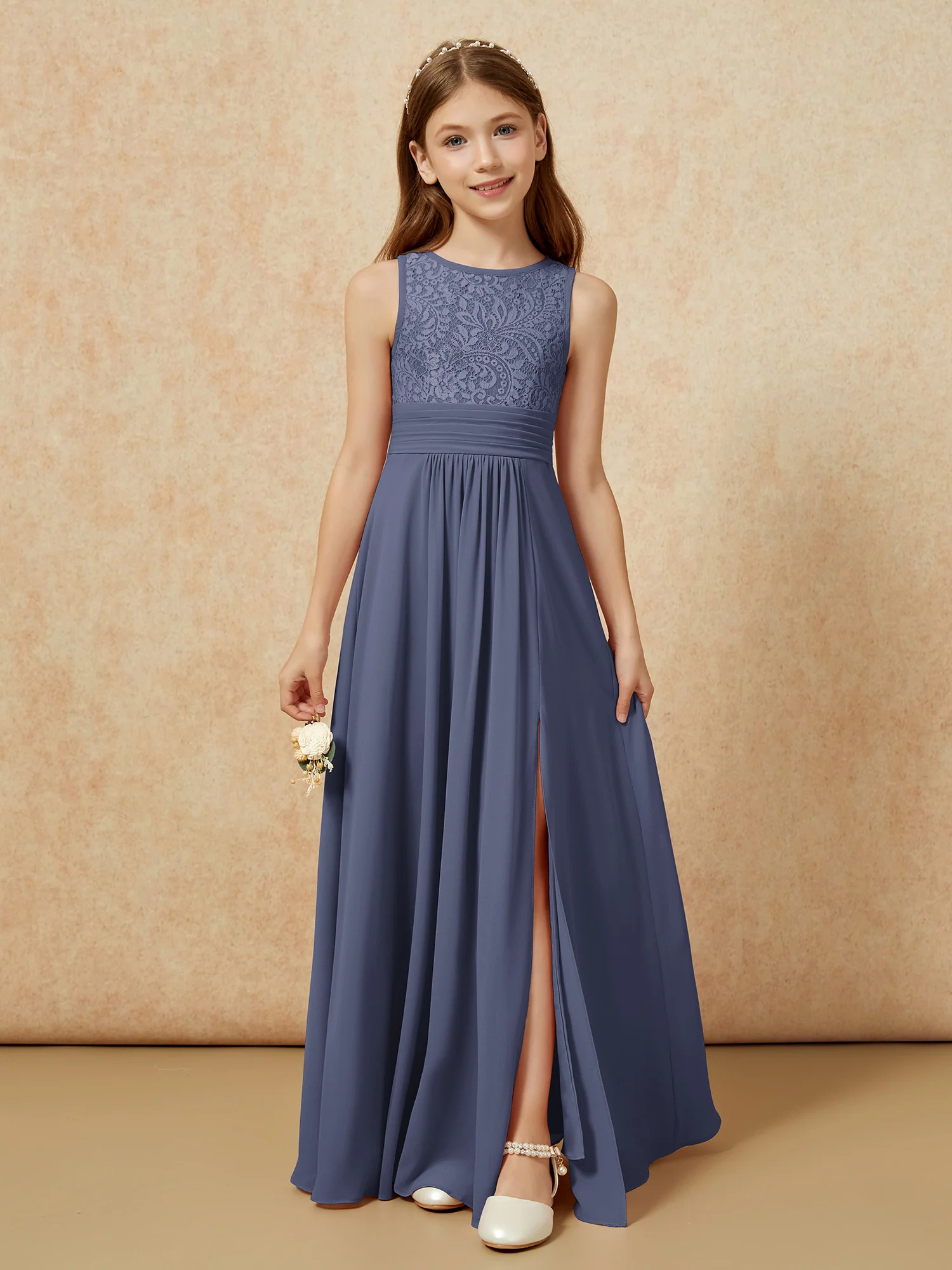Lace Top A-line Long Junior Bridesmaid Dress Stormy