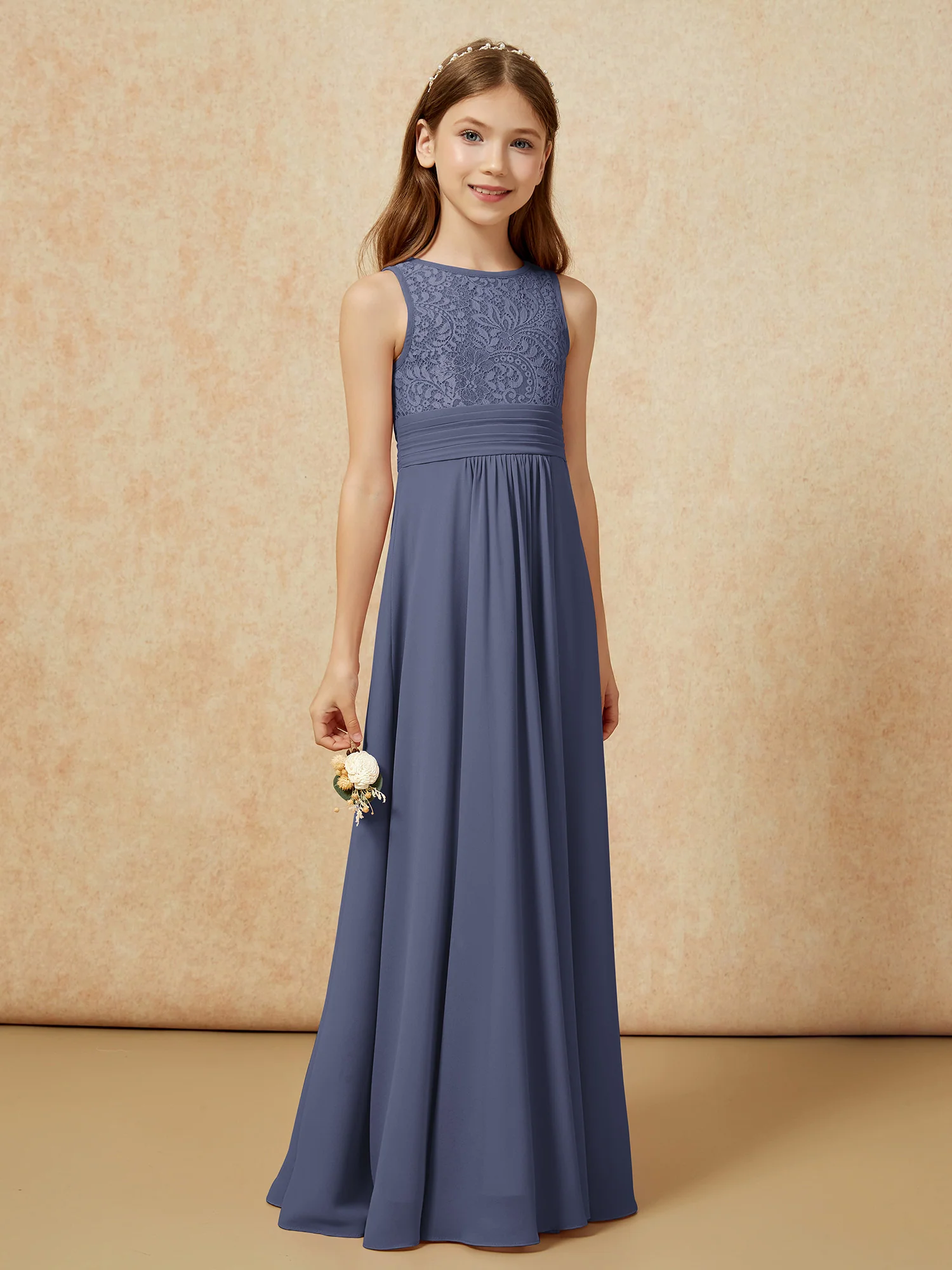 Lace Top A-line Long Junior Bridesmaid Dress Stormy - Image 3