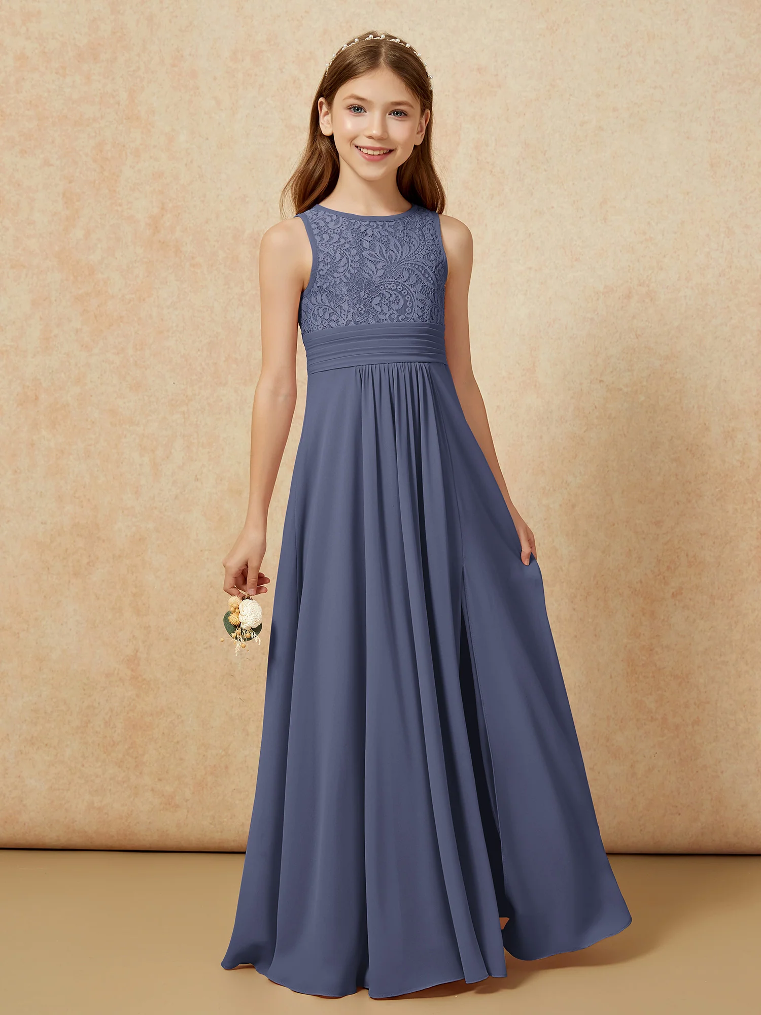 Lace Top A-line Long Junior Bridesmaid Dress Stormy - Image 5