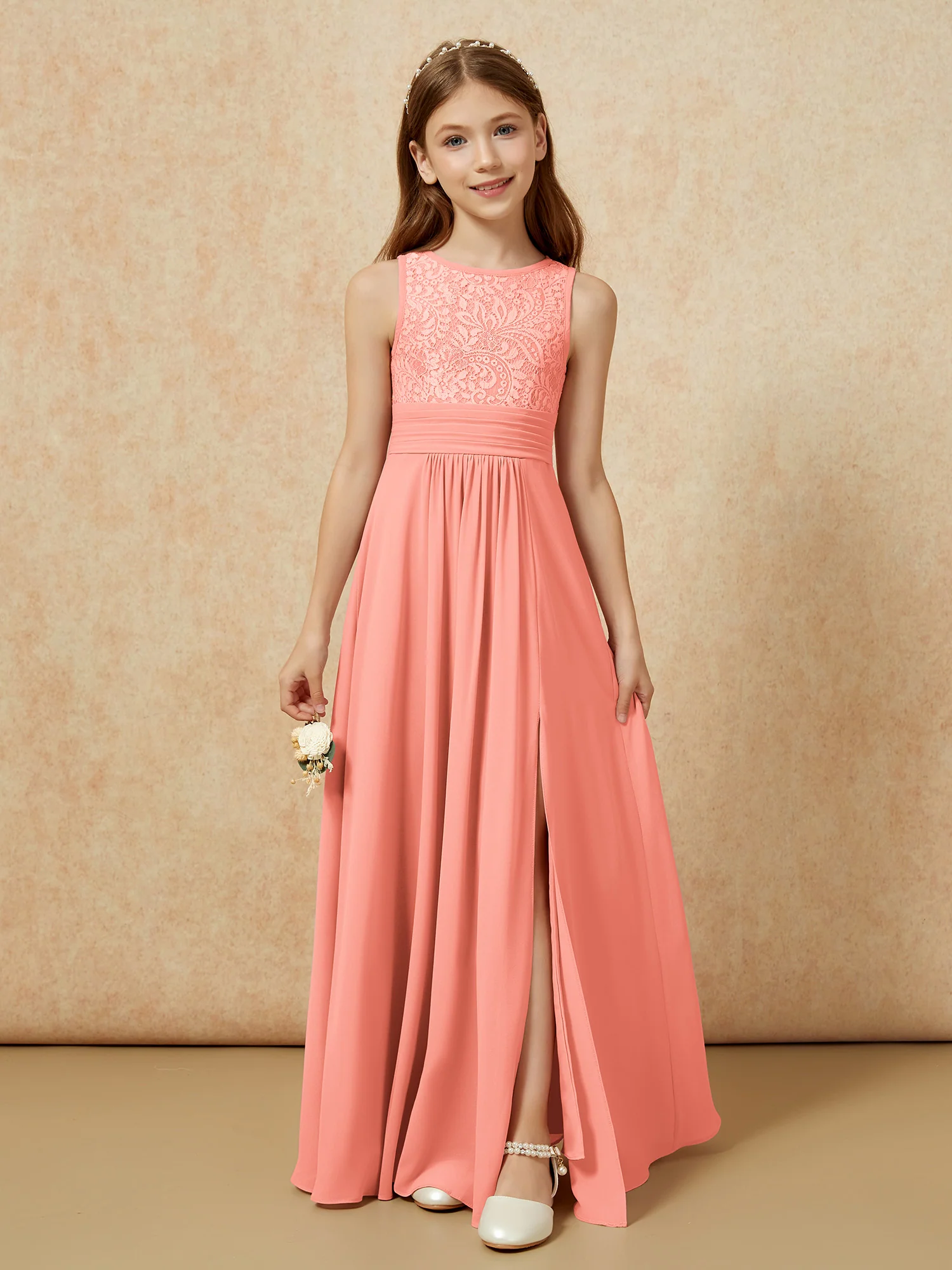 Lace Top A-line Long Junior Bridesmaid Dress Sunset
