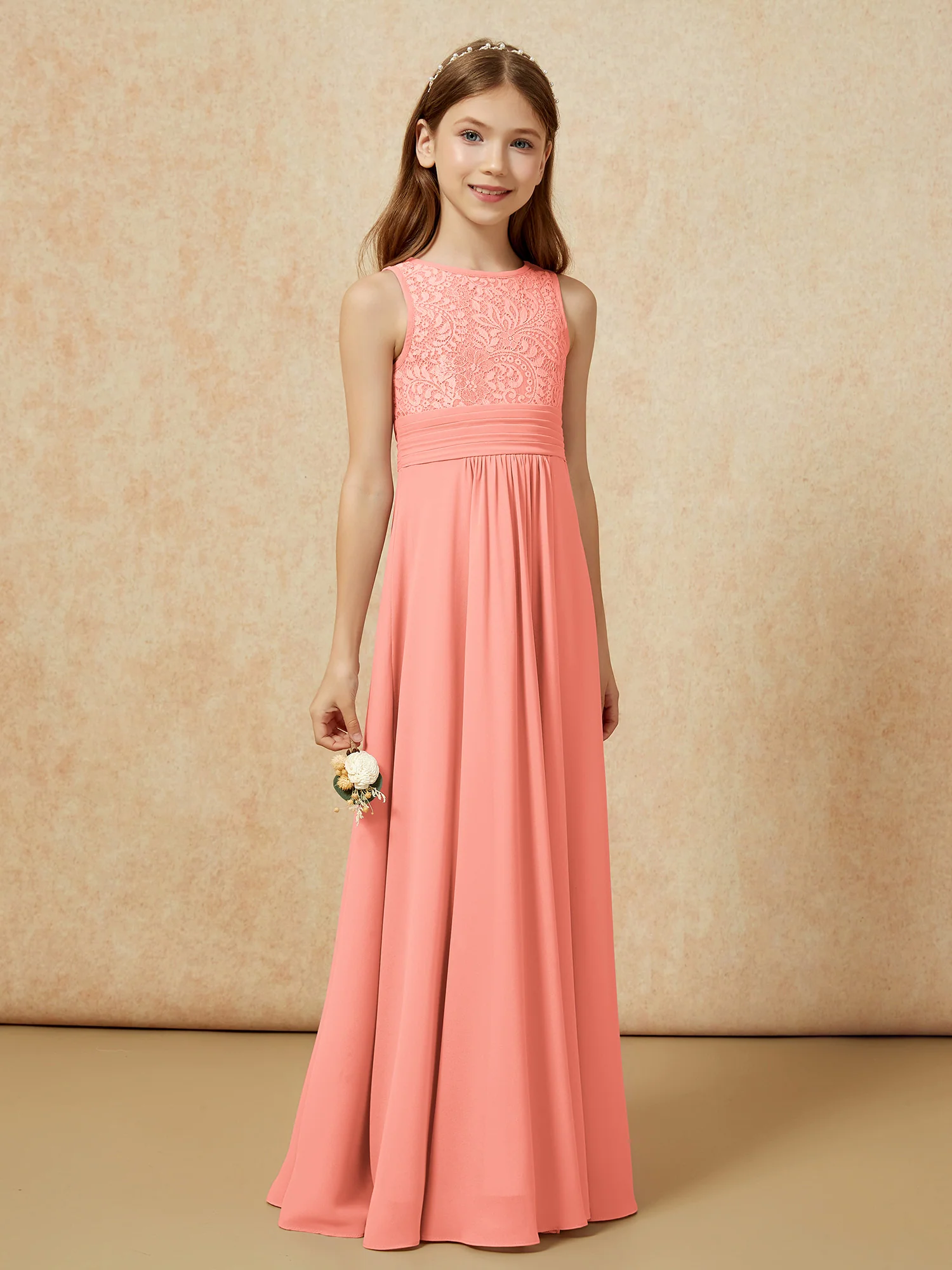 Lace Top A-line Long Junior Bridesmaid Dress Sunset - Image 3