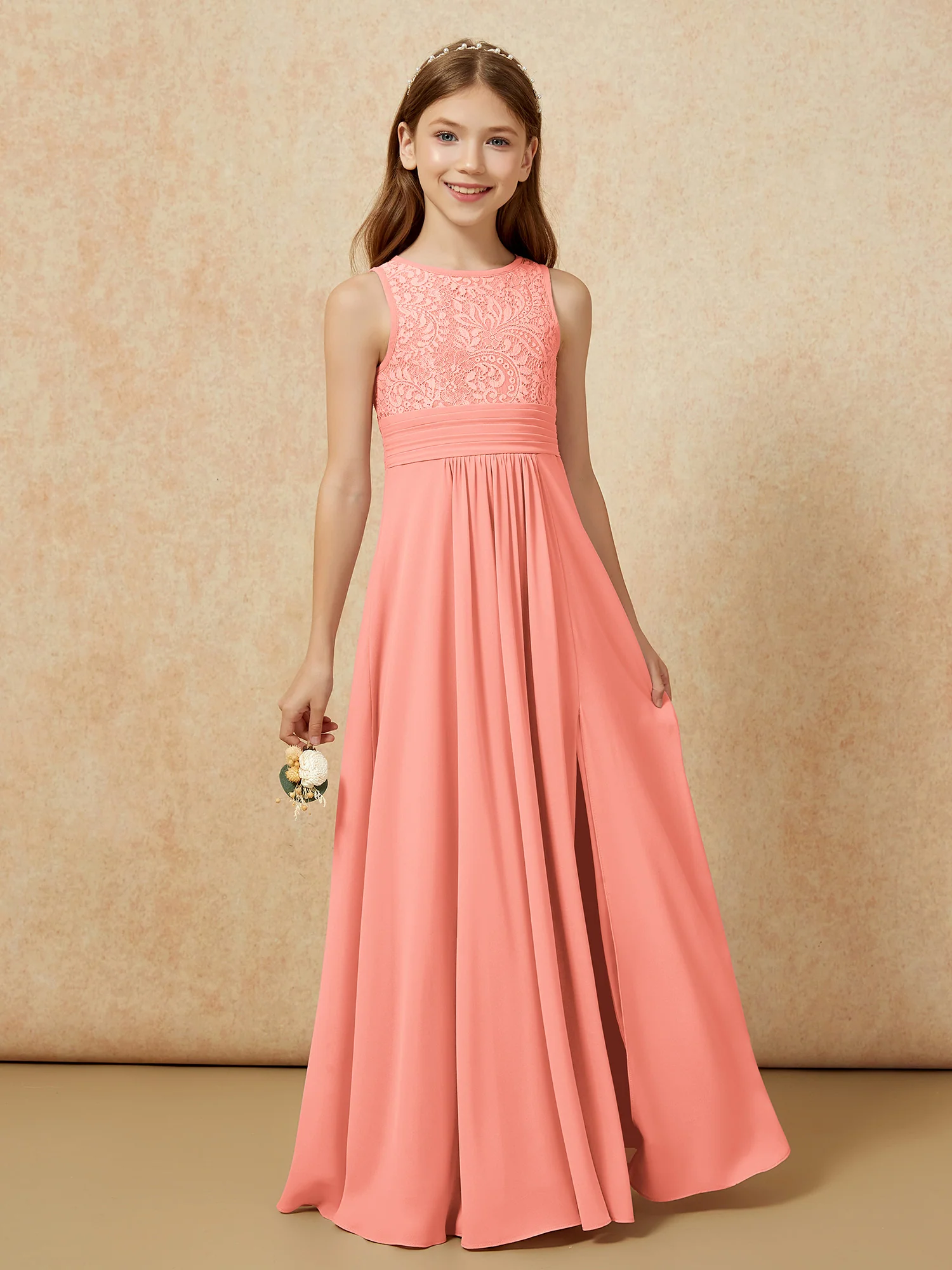 Lace Top A-line Long Junior Bridesmaid Dress Sunset - Image 5