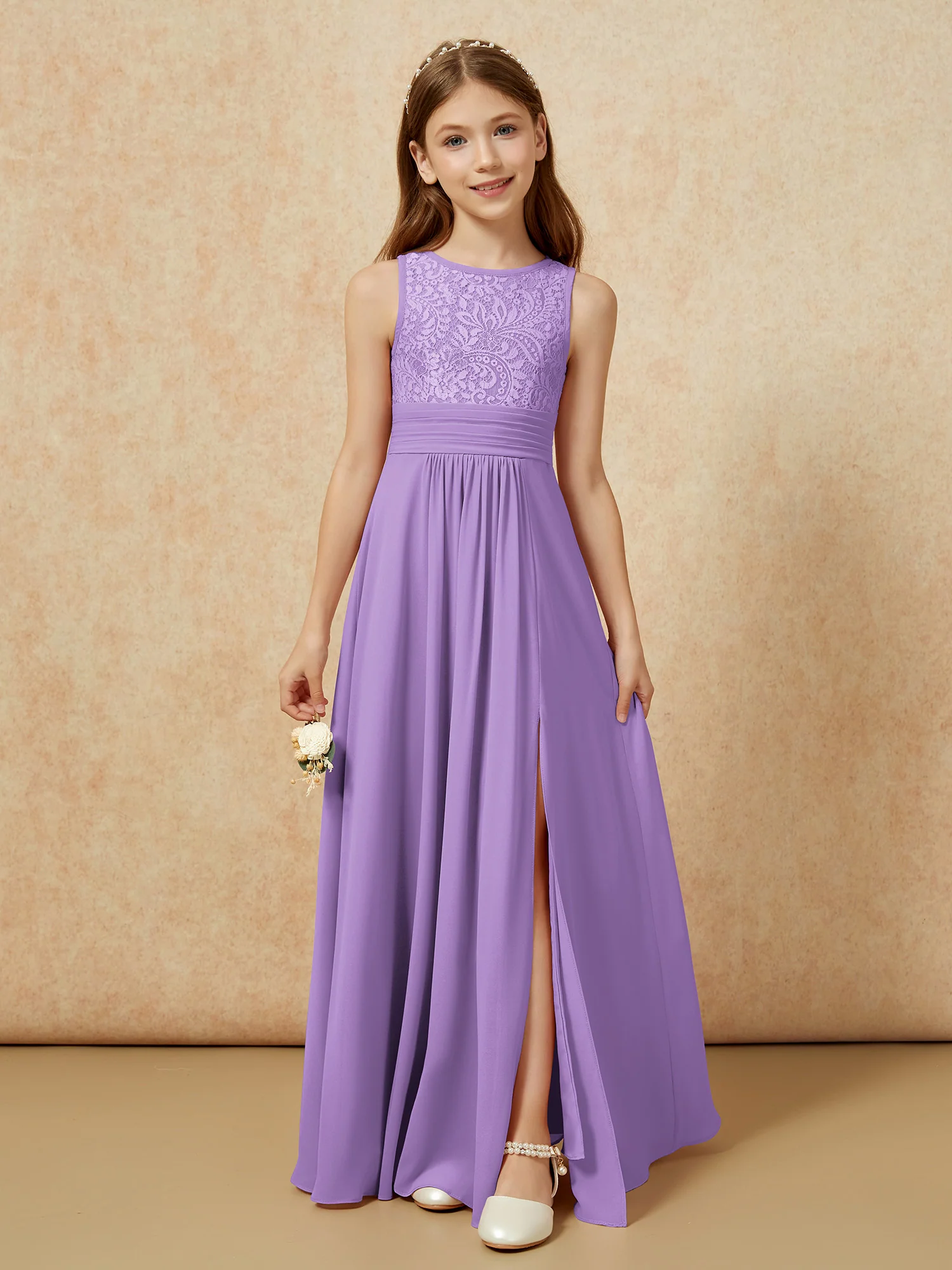 Lace Top A-line Long Junior Bridesmaid Dress Tahiti