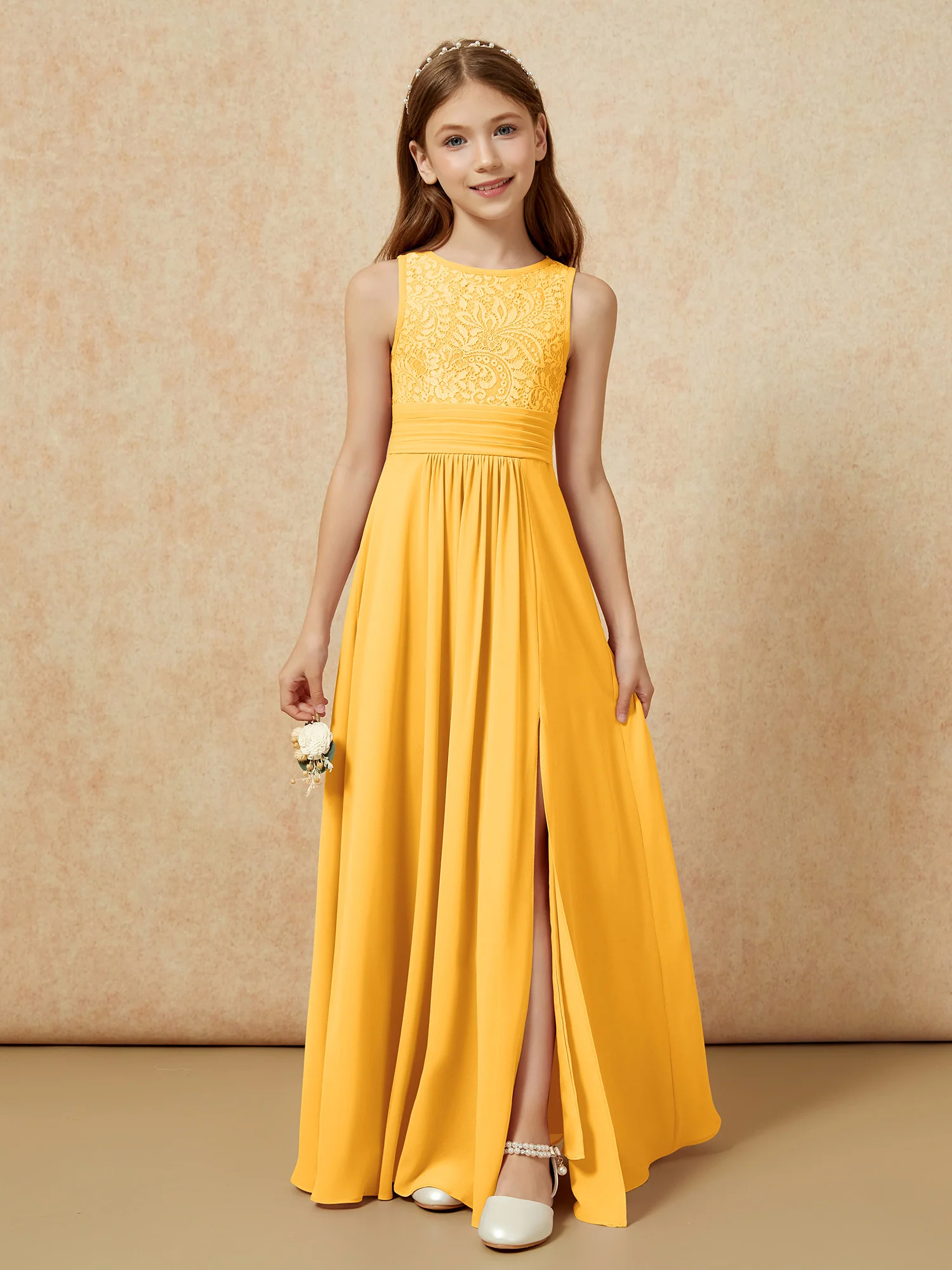 Lace Top A-line Long Junior Bridesmaid Dress Tangerine
