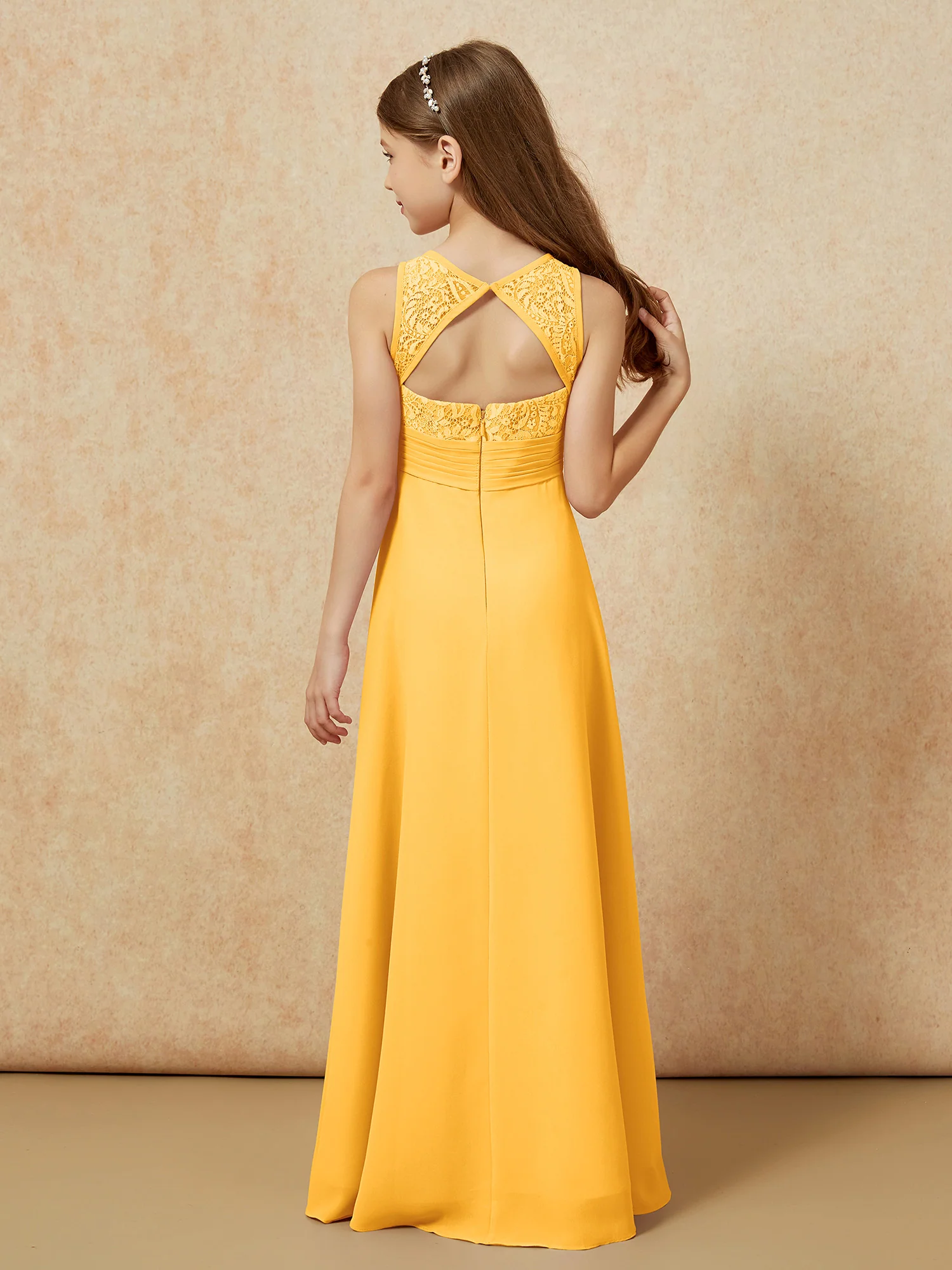 Lace Top A-line Long Junior Bridesmaid Dress Tangerine - Image 2