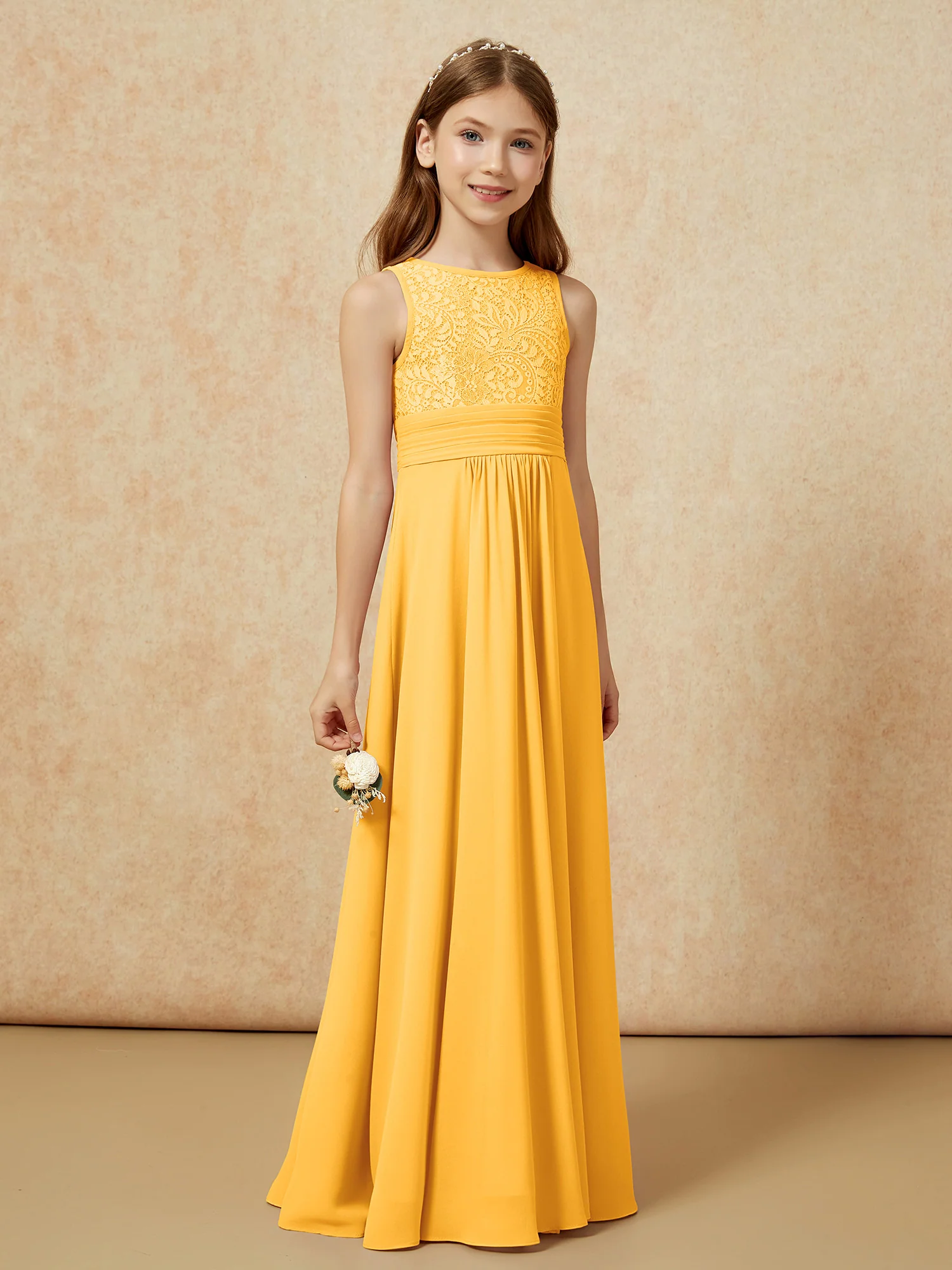 Lace Top A-line Long Junior Bridesmaid Dress Tangerine - Image 3