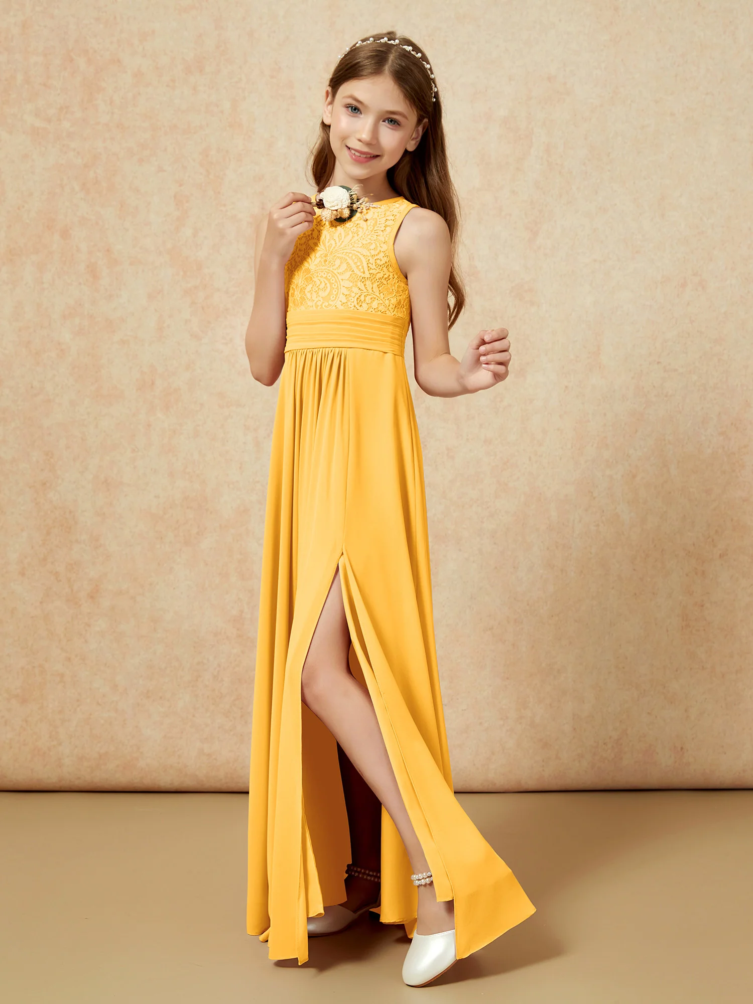 Lace Top A-line Long Junior Bridesmaid Dress Tangerine - Image 4