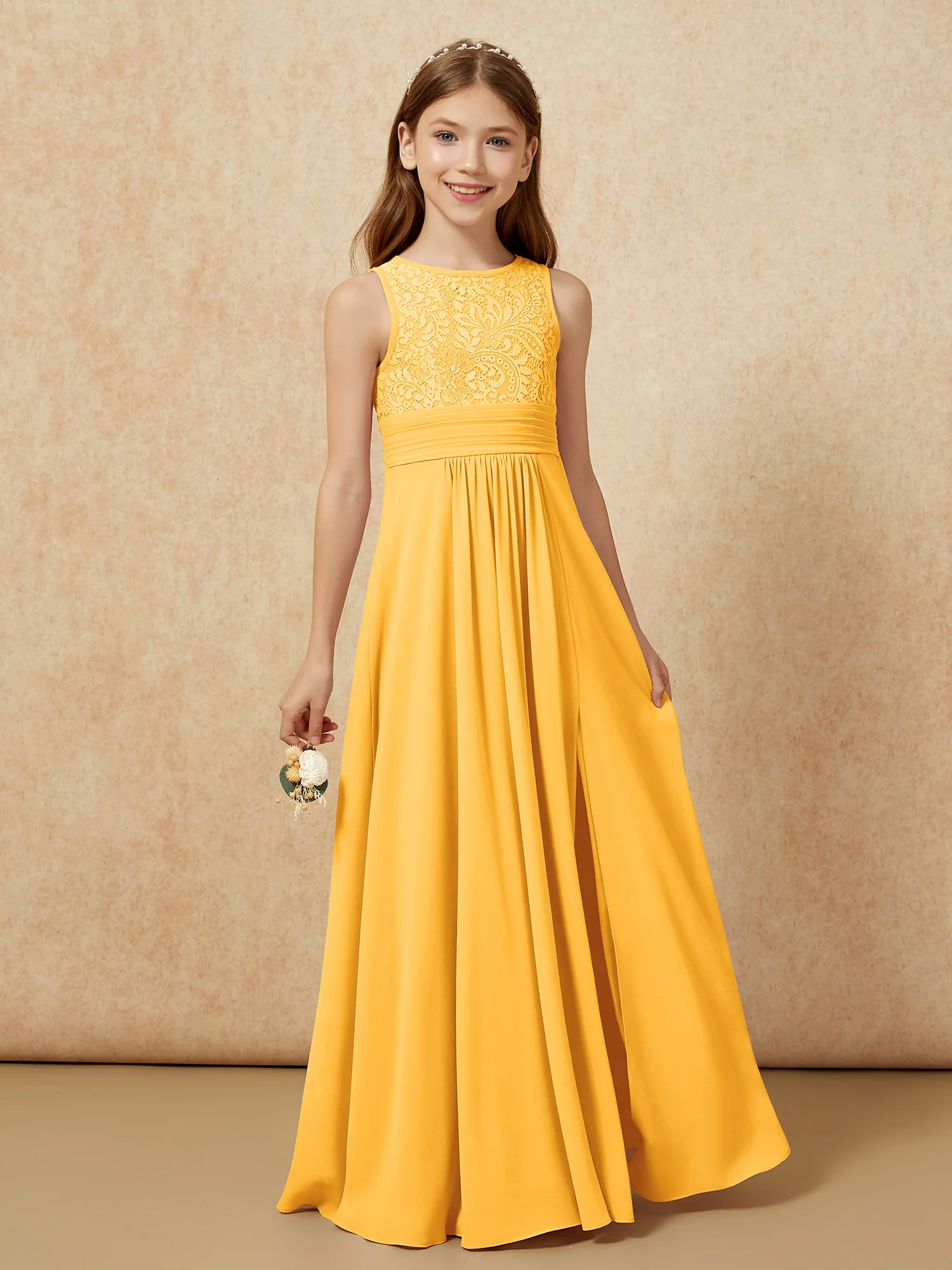 Lace Top A-line Long Junior Bridesmaid Dress Tangerine - Image 5