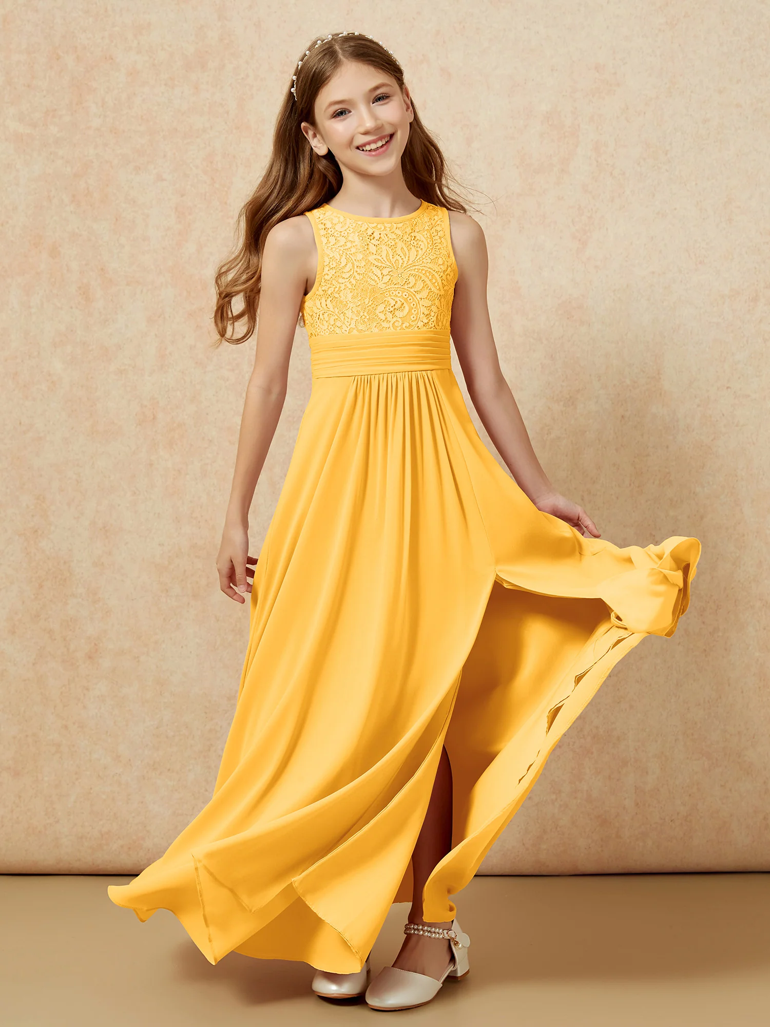 Lace Top A-line Long Junior Bridesmaid Dress Tangerine - Image 6