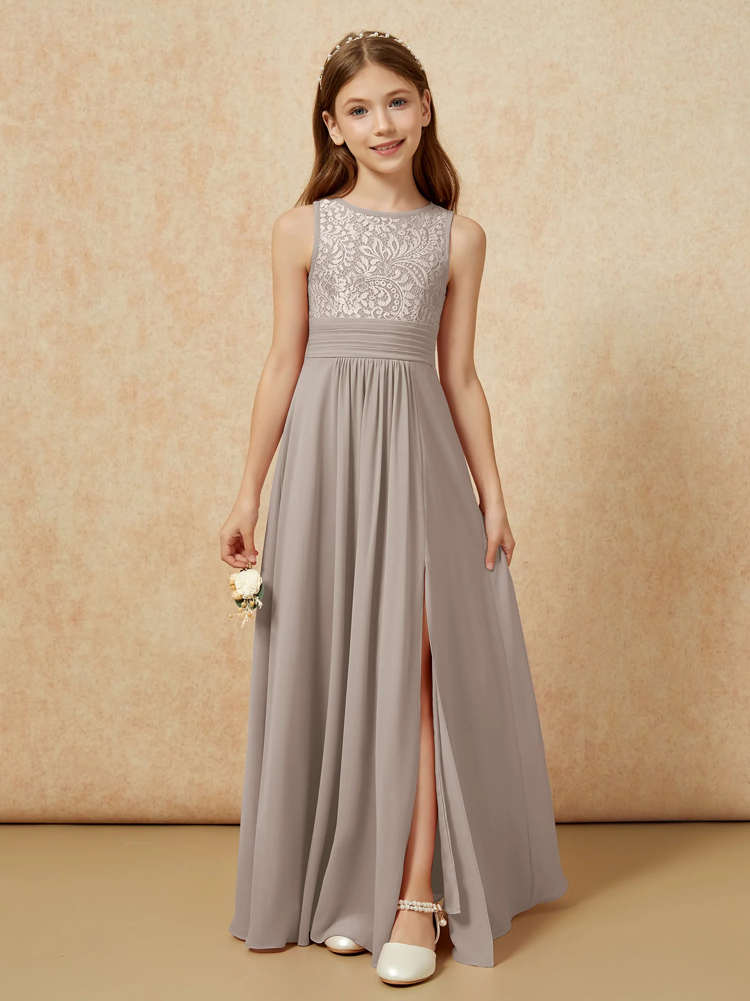 Lace Top A-line Long Junior Bridesmaid Dress Taupe