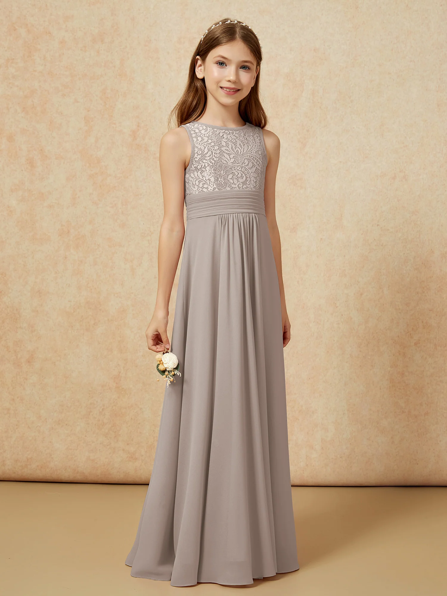 Lace Top A-line Long Junior Bridesmaid Dress Taupe - Image 3