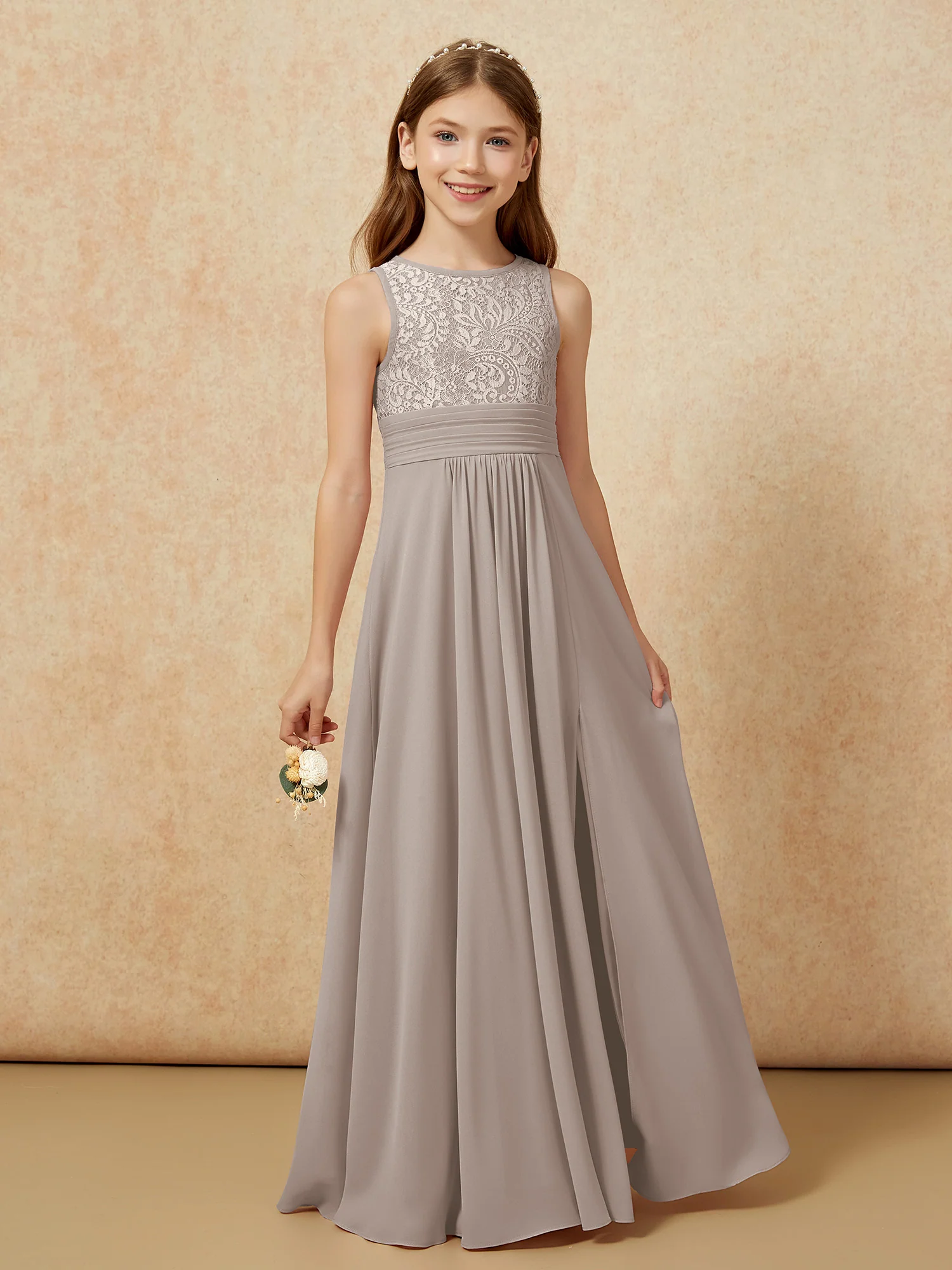 Lace Top A-line Long Junior Bridesmaid Dress Taupe - Image 5