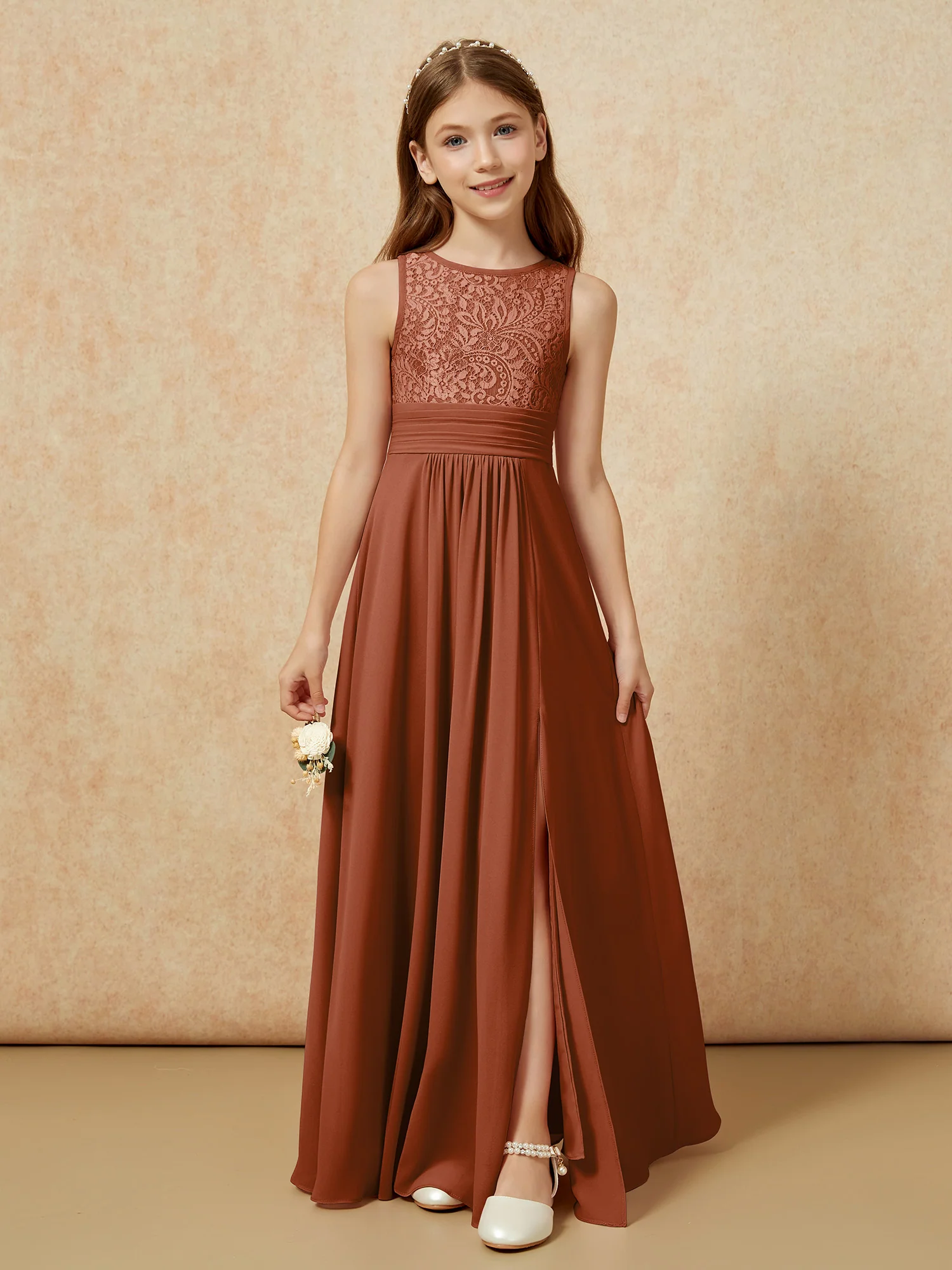 Lace Top A-line Long Junior Bridesmaid Dress Terracotta