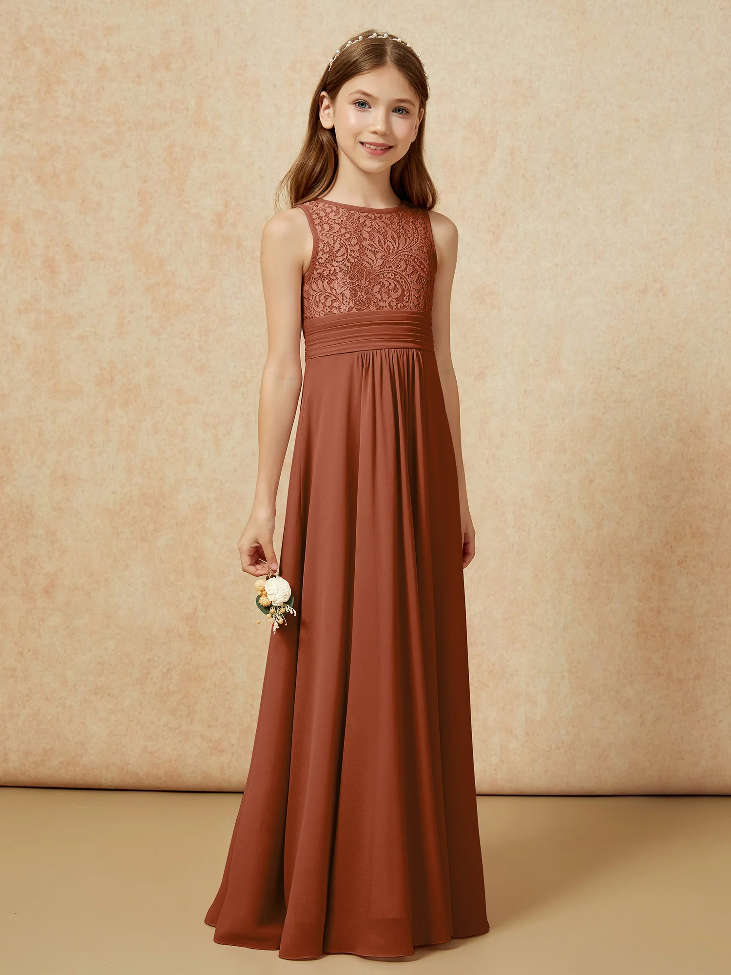 Lace Top A-line Long Junior Bridesmaid Dress Terracotta - Image 3