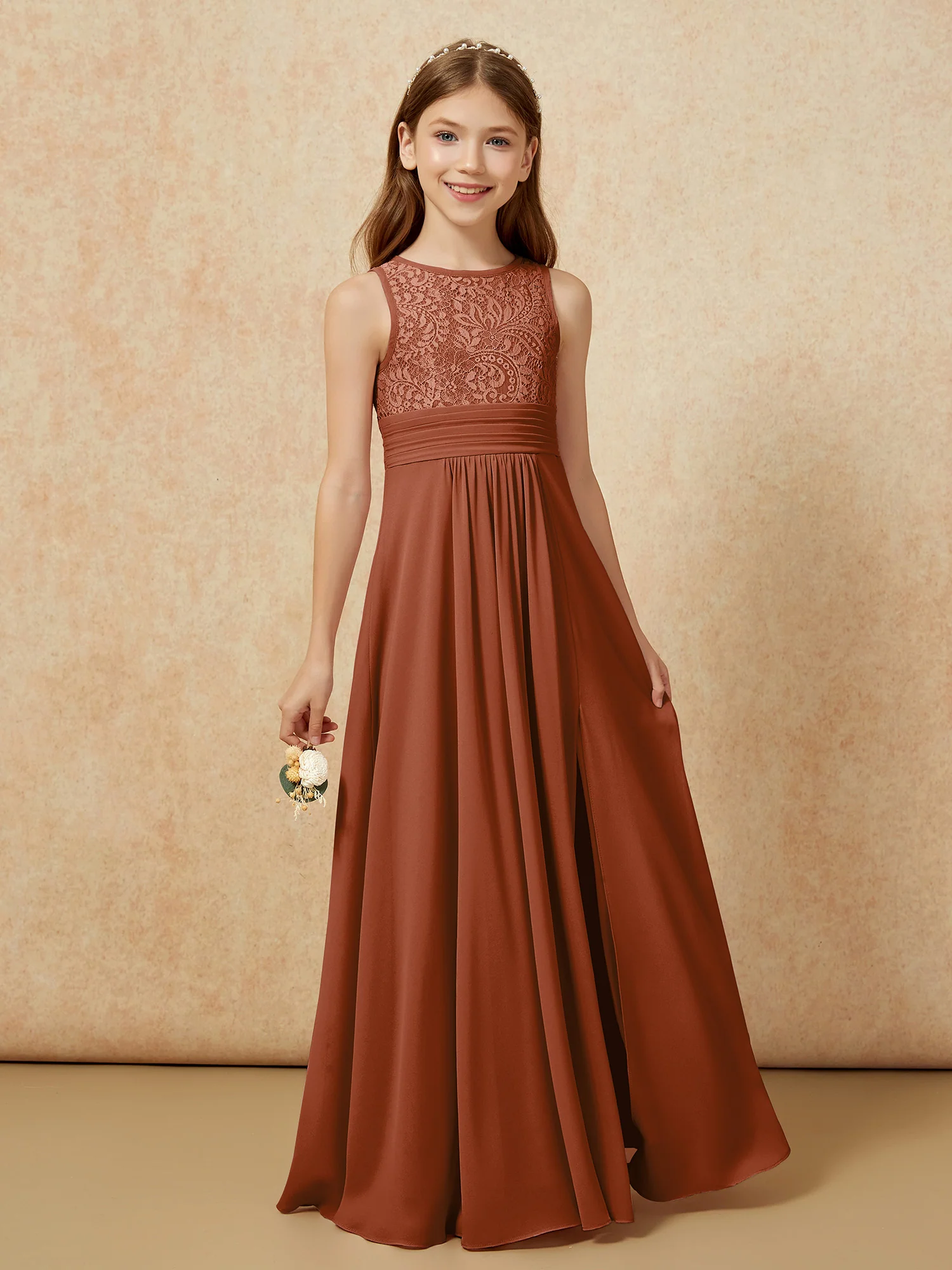 Lace Top A-line Long Junior Bridesmaid Dress Terracotta - Image 5