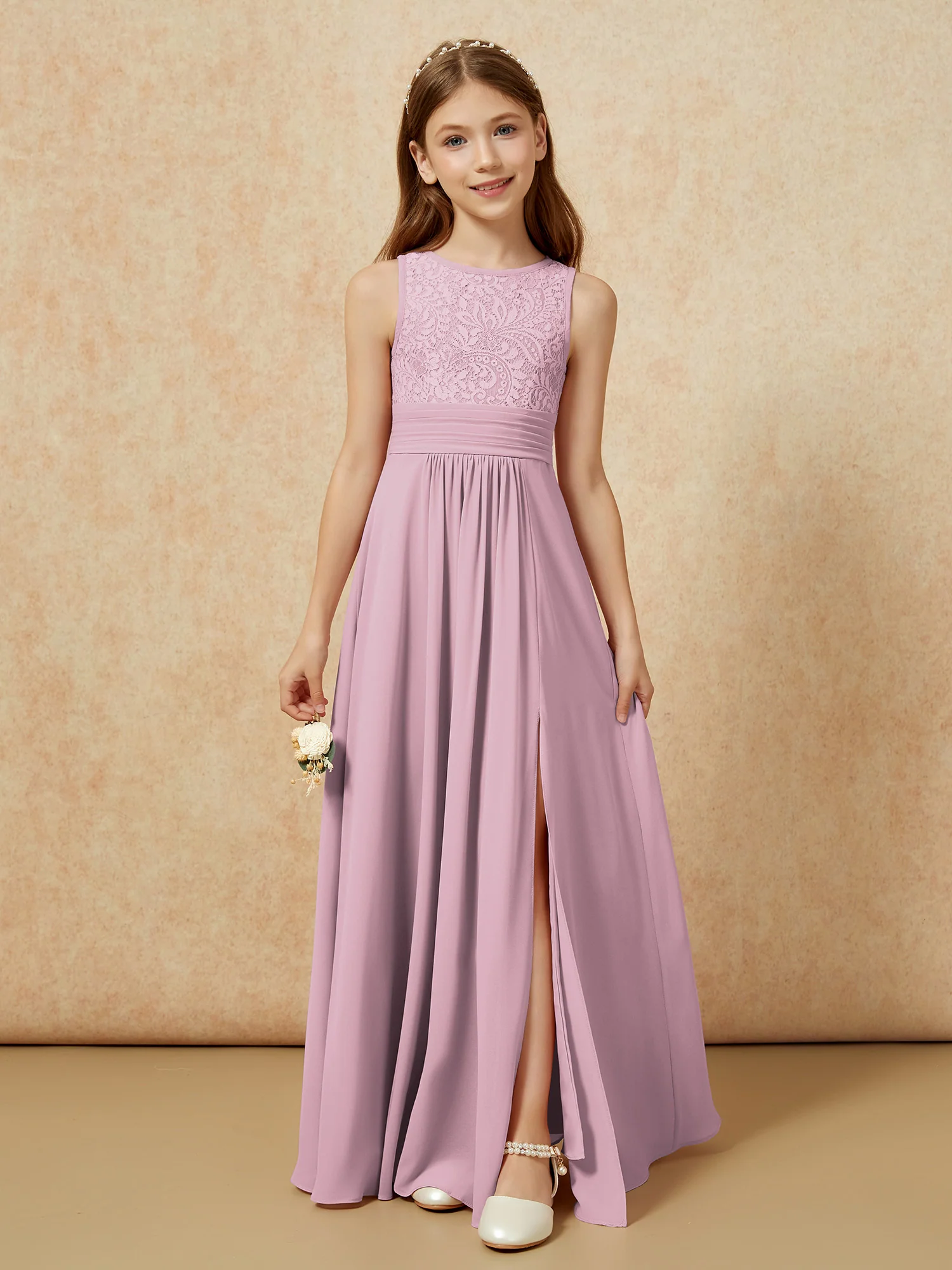 Lace Top A-line Long Junior Bridesmaid Dress Vintage Mauve