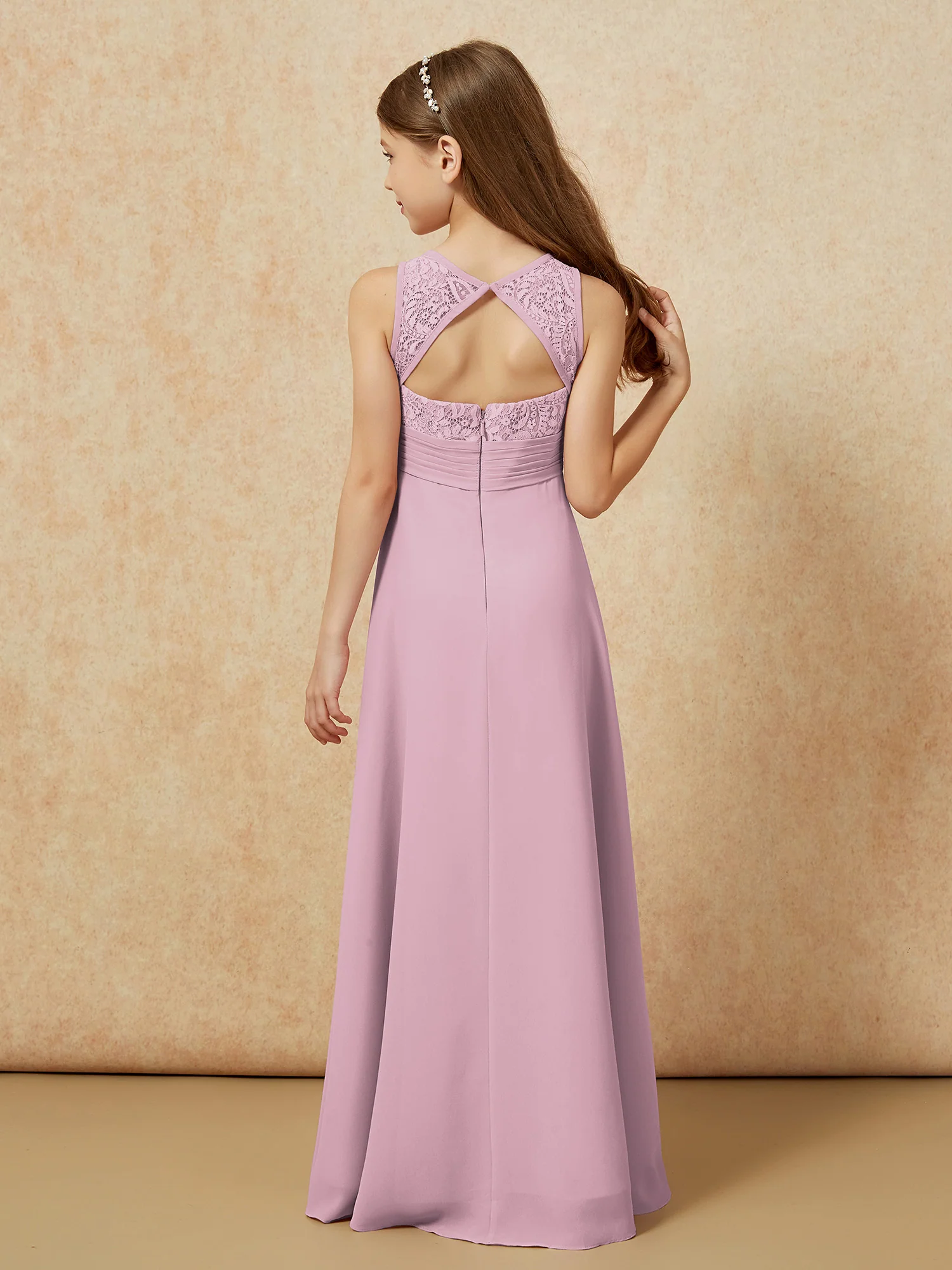Lace Top A-line Long Junior Bridesmaid Dress Vintage Mauve - Image 2