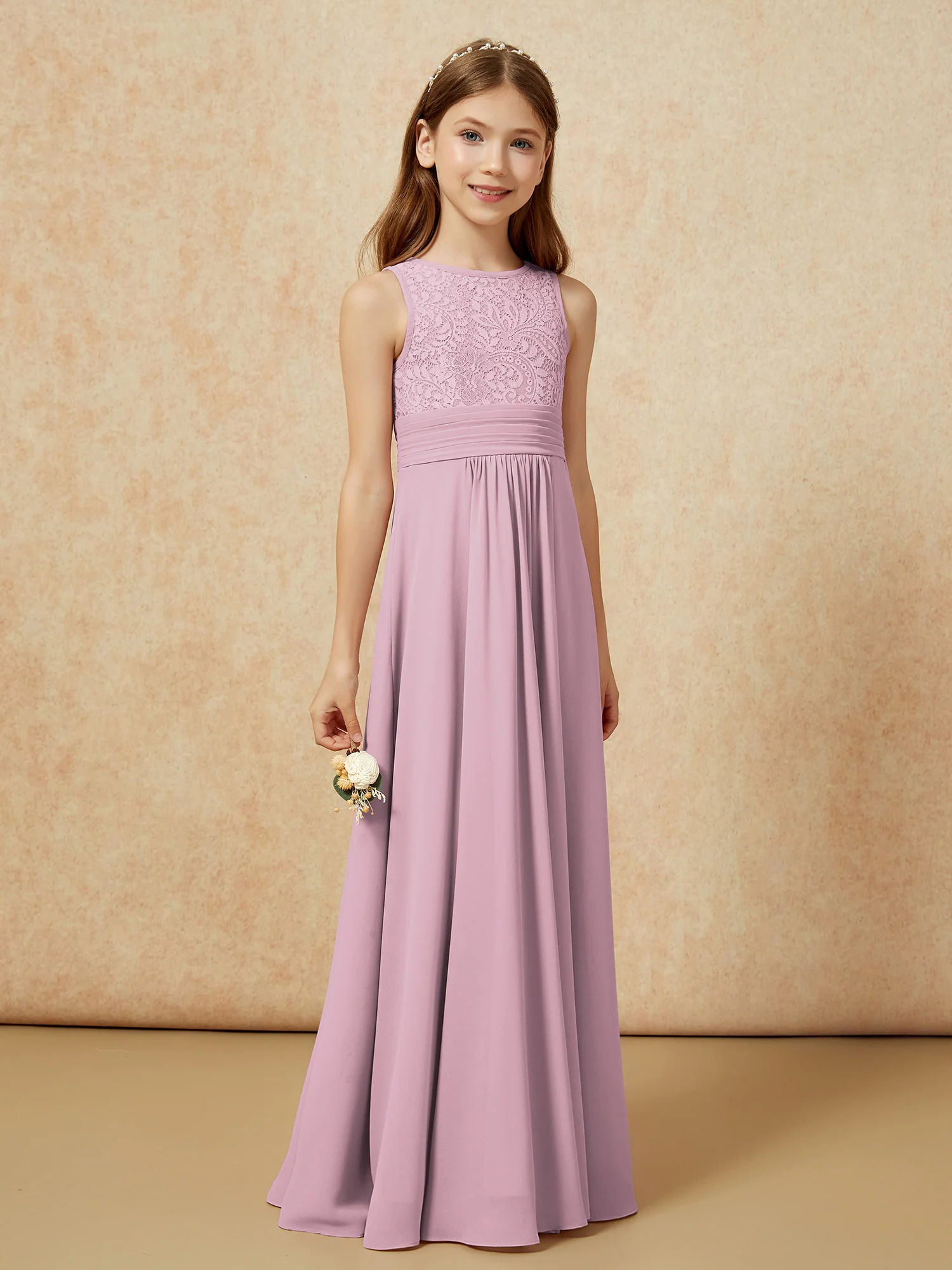 Lace Top A-line Long Junior Bridesmaid Dress Vintage Mauve - Image 3
