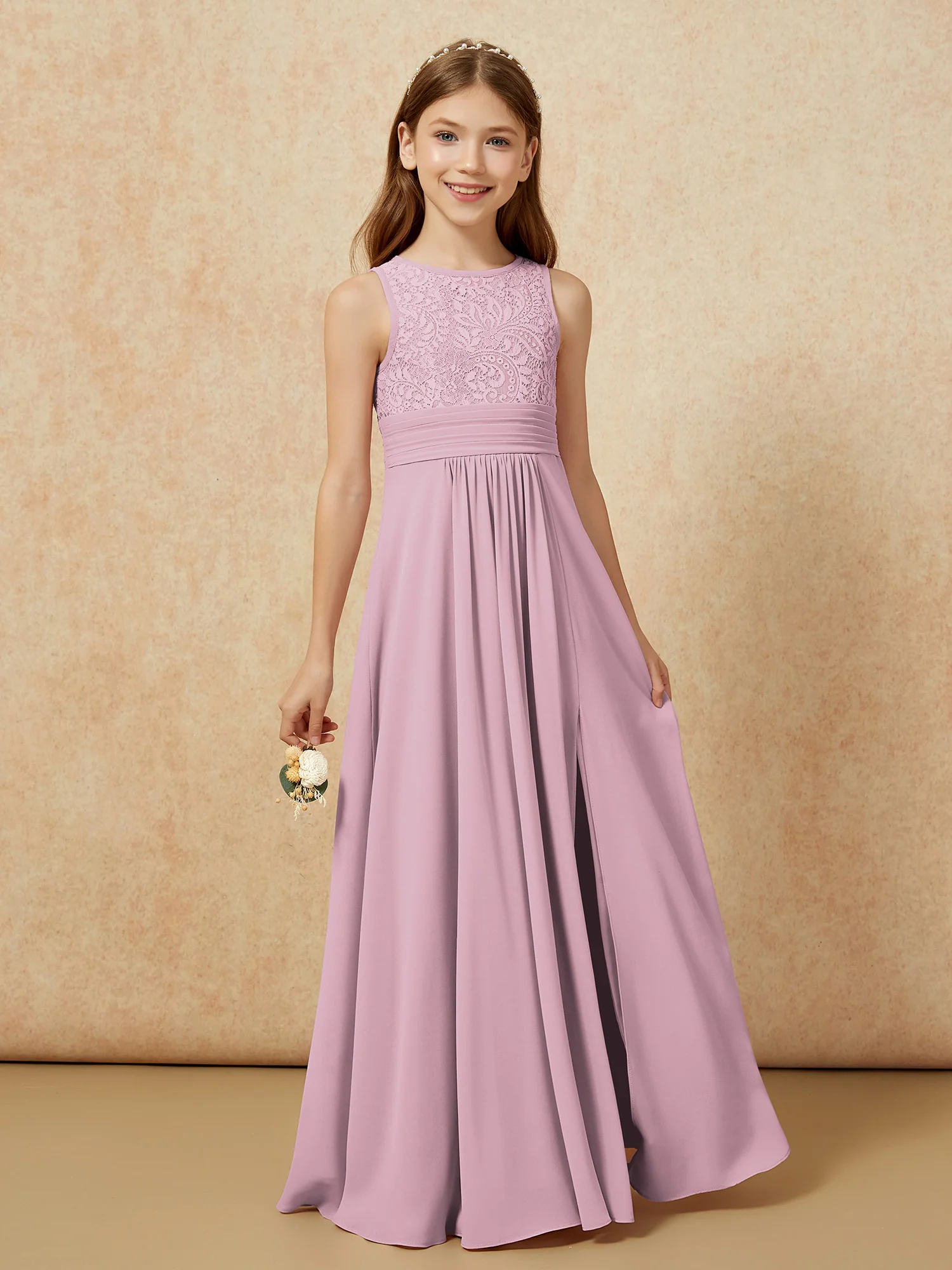 Lace Top A-line Long Junior Bridesmaid Dress Vintage Mauve - Image 5